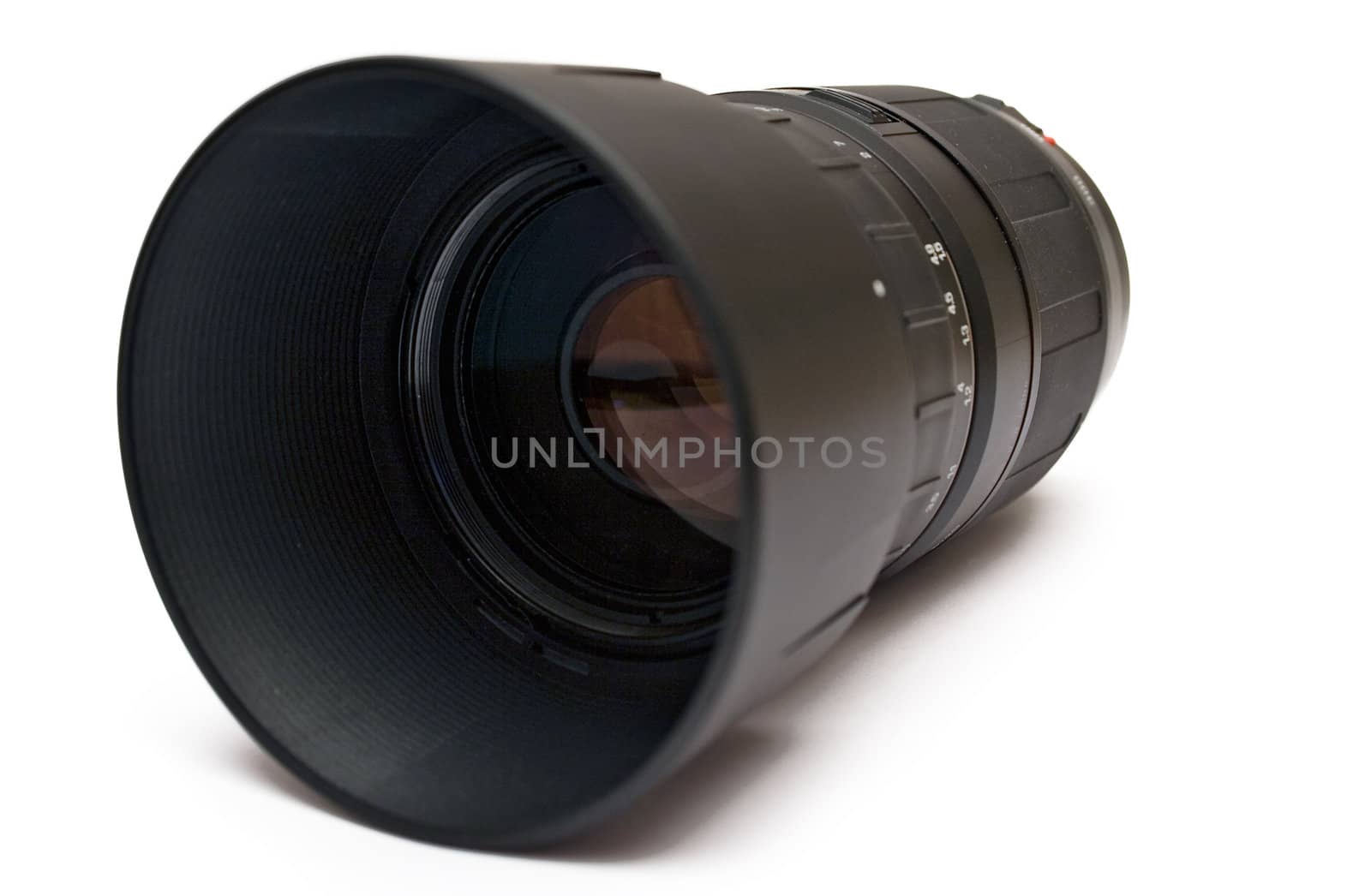 Black zoom lens isolated on a white background.