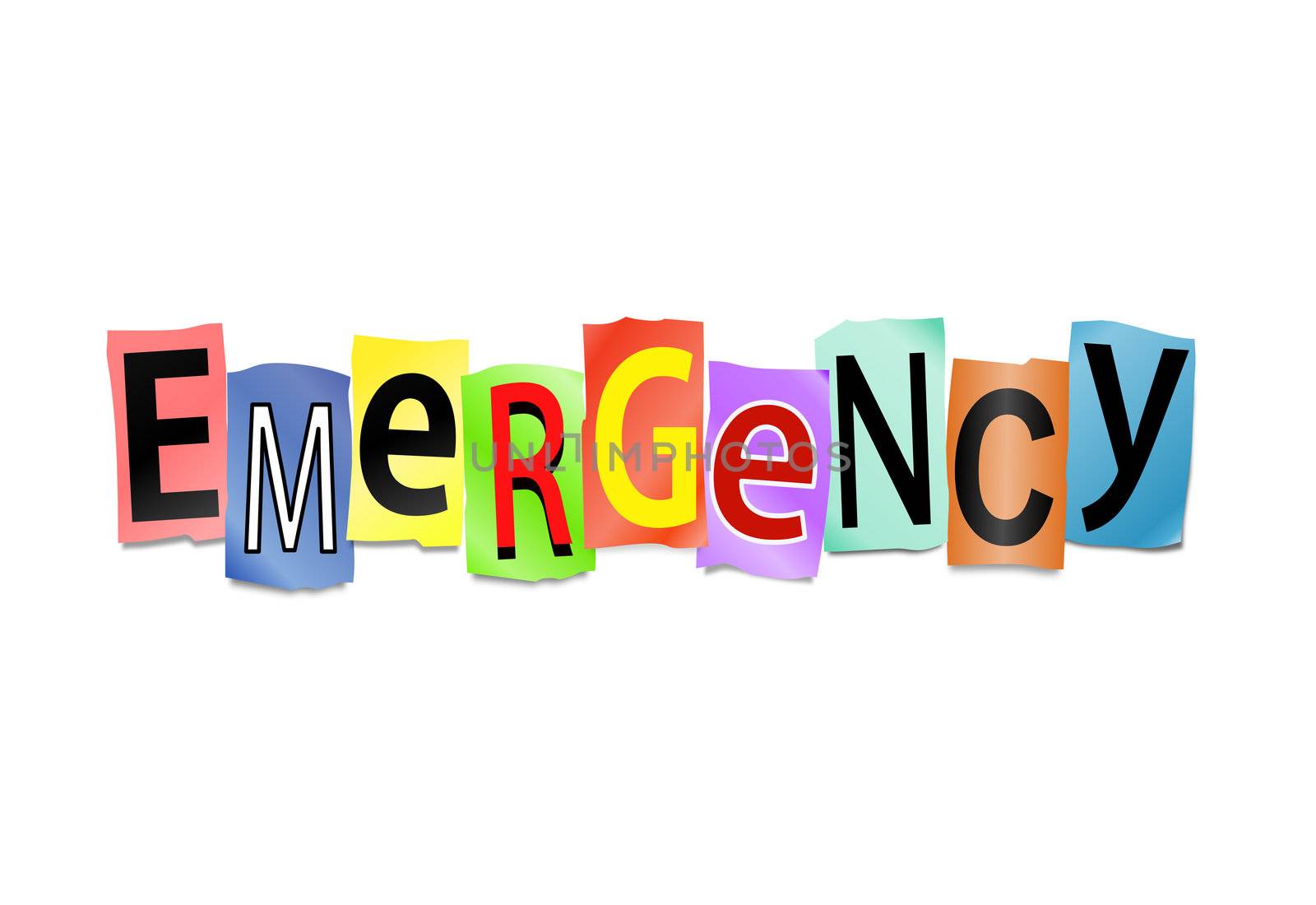 Illustration depicting cutout printed letters arranged to form the word emergency.