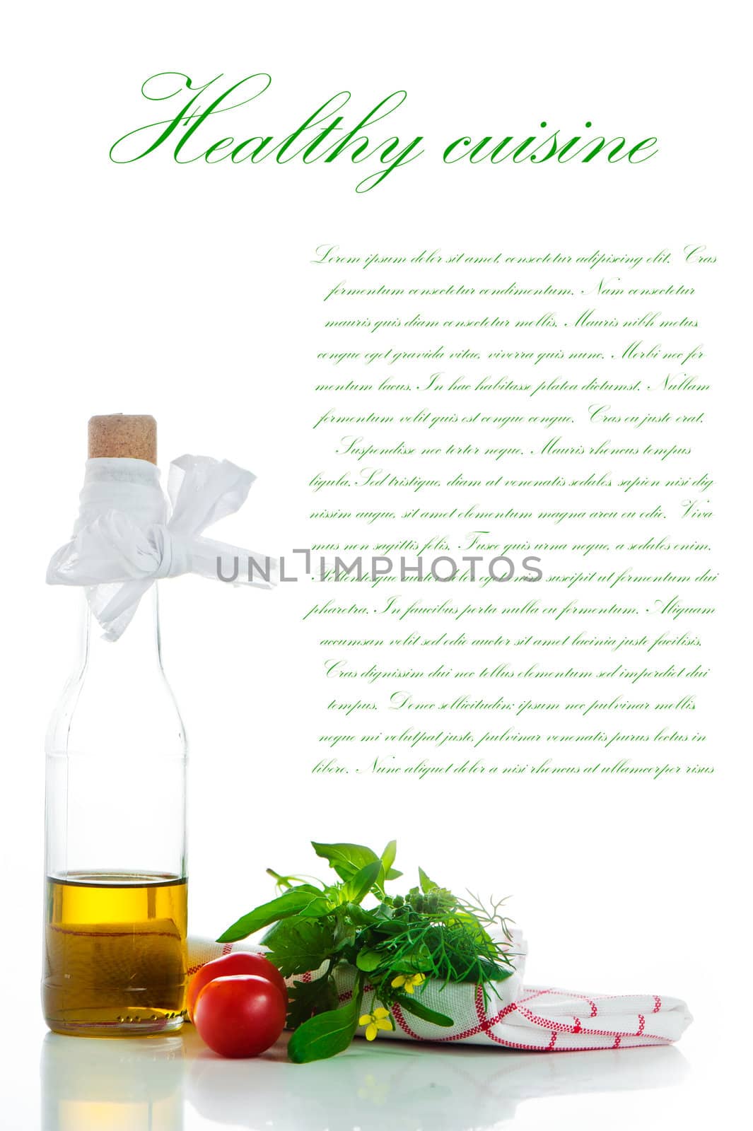 A bottle with olive oil and some herb on white background with a area for you text