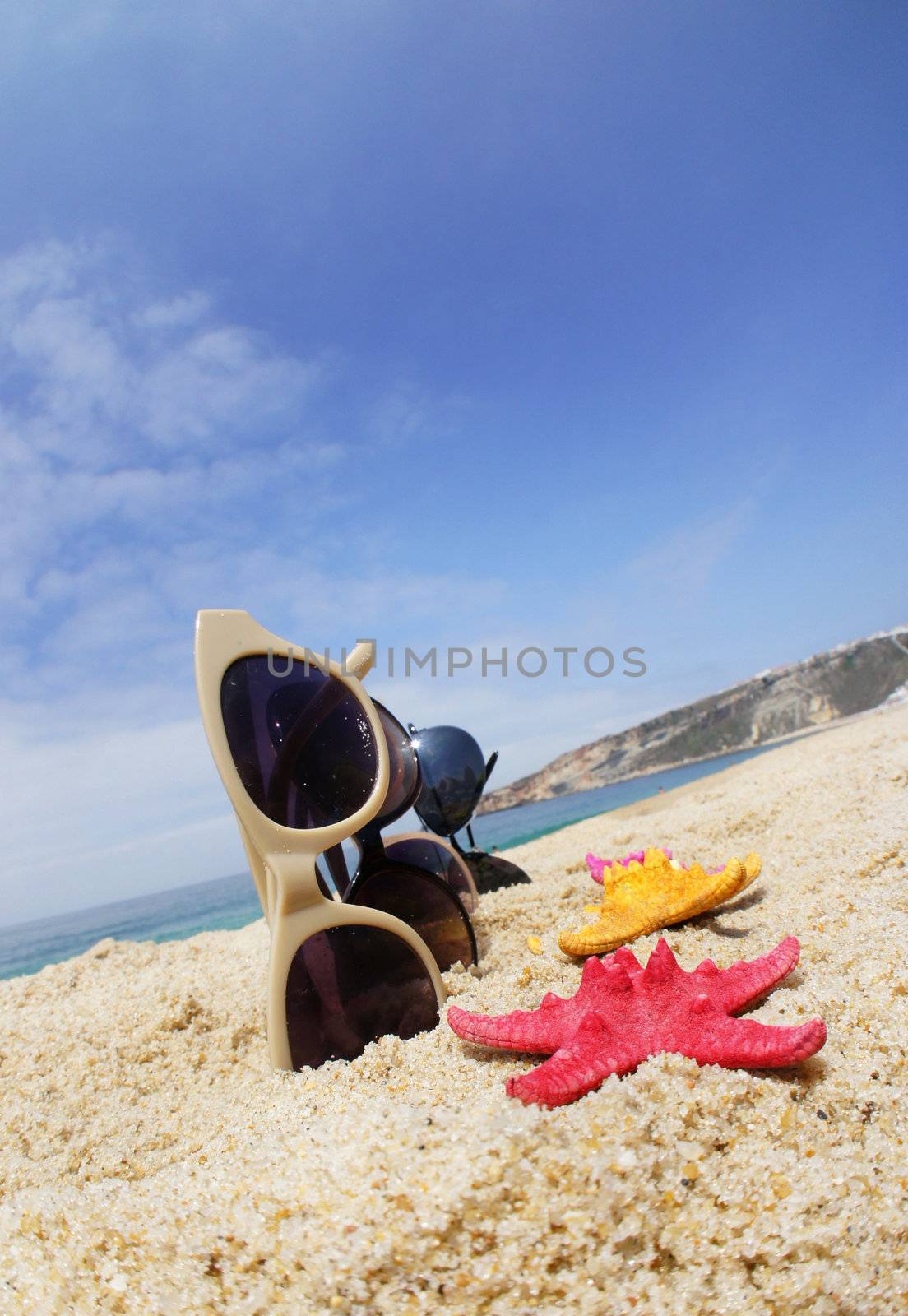 Holiday with friends � four pair of sunglasses on the beach and multicolor sea stars