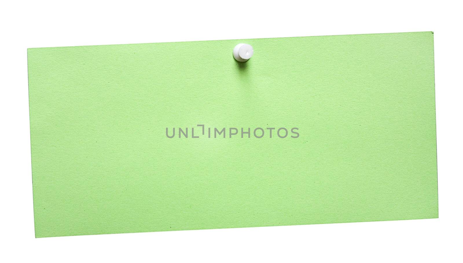 Simple green note pinned on a white background. File contains clipping path.