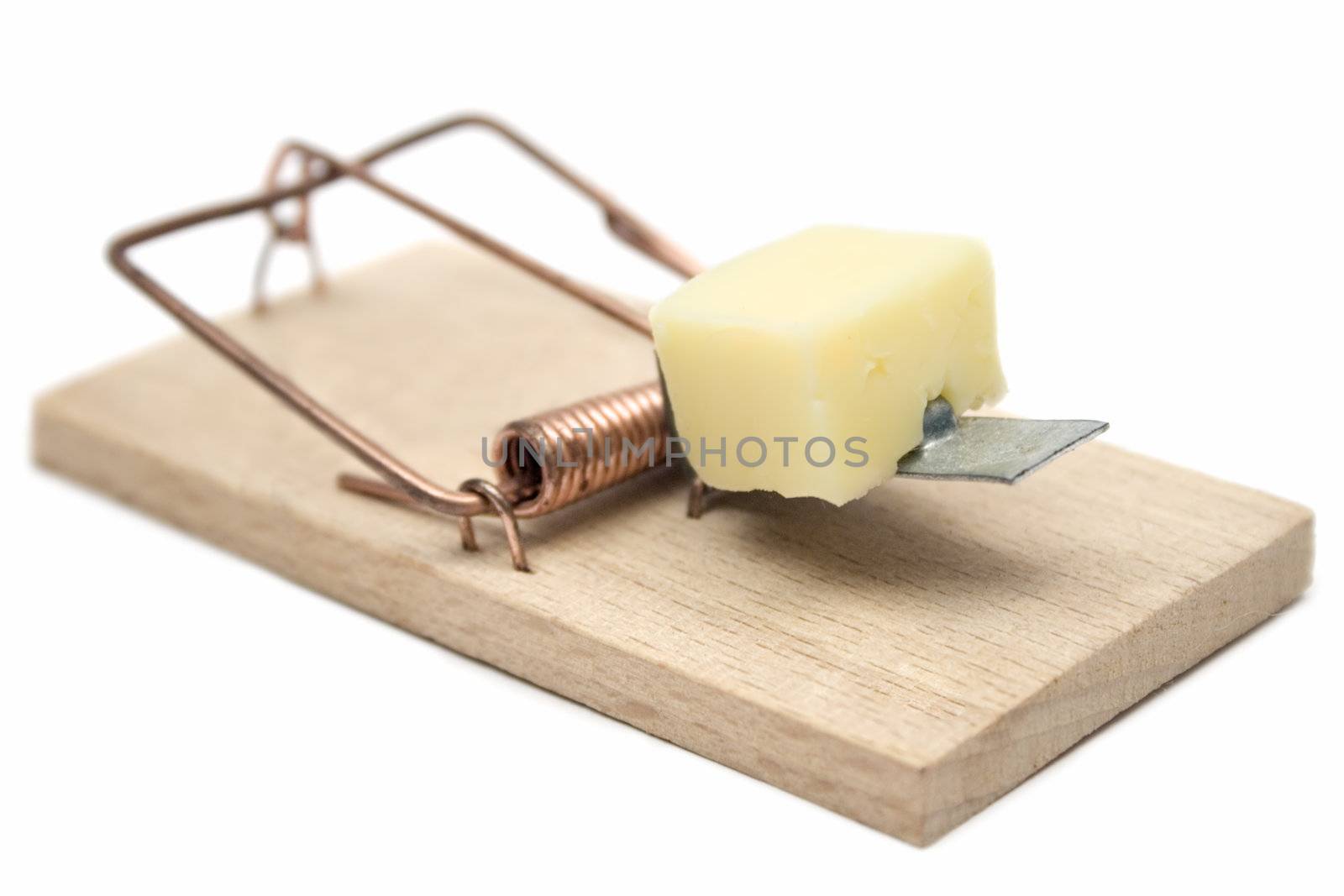 Wooden mousetrap with cheese isolated on a white background.