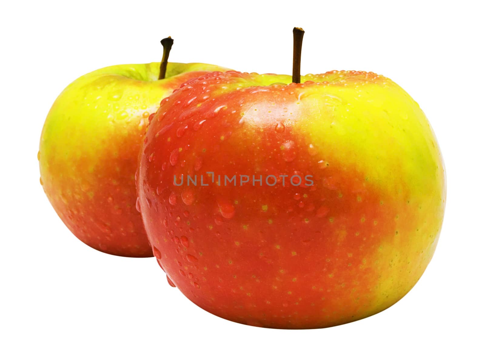 Raindrops on two colorful apples on a white background. Clipping path included.