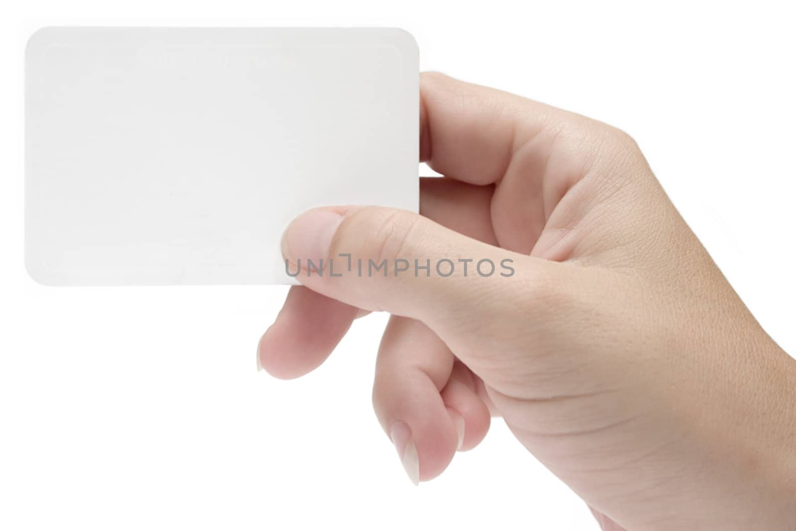 Hand holding a blank business card. Add your own text. Isolated on white background.