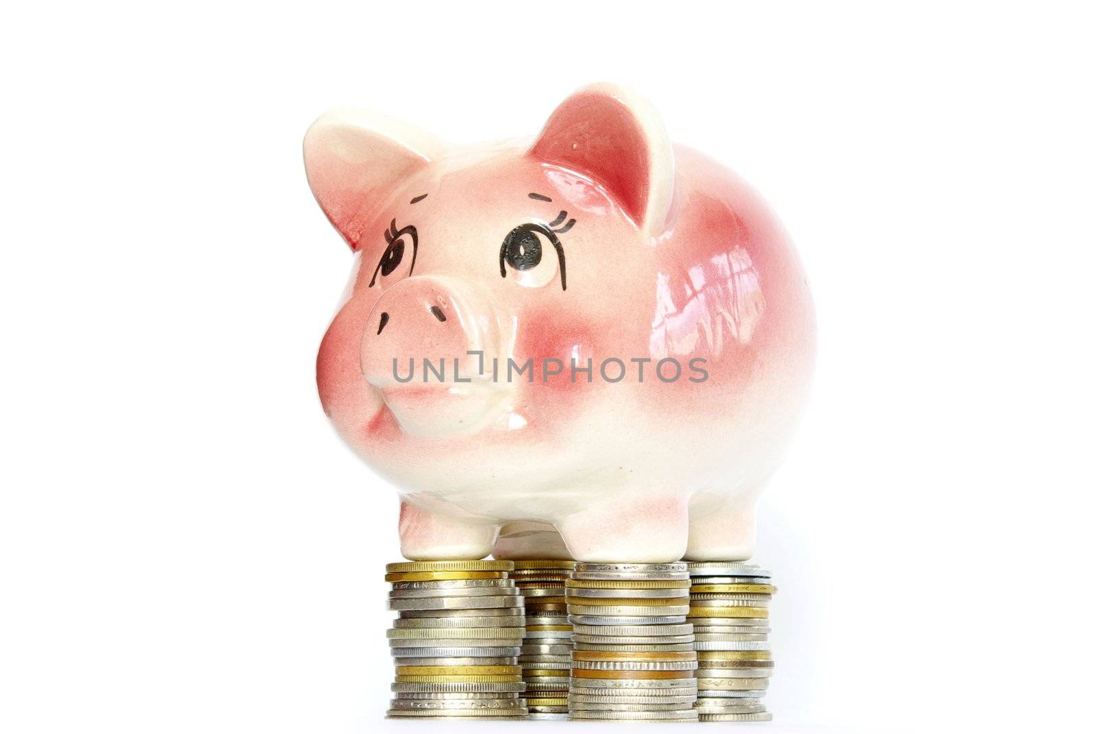 Pink piggy bank  isolated on white background with coins