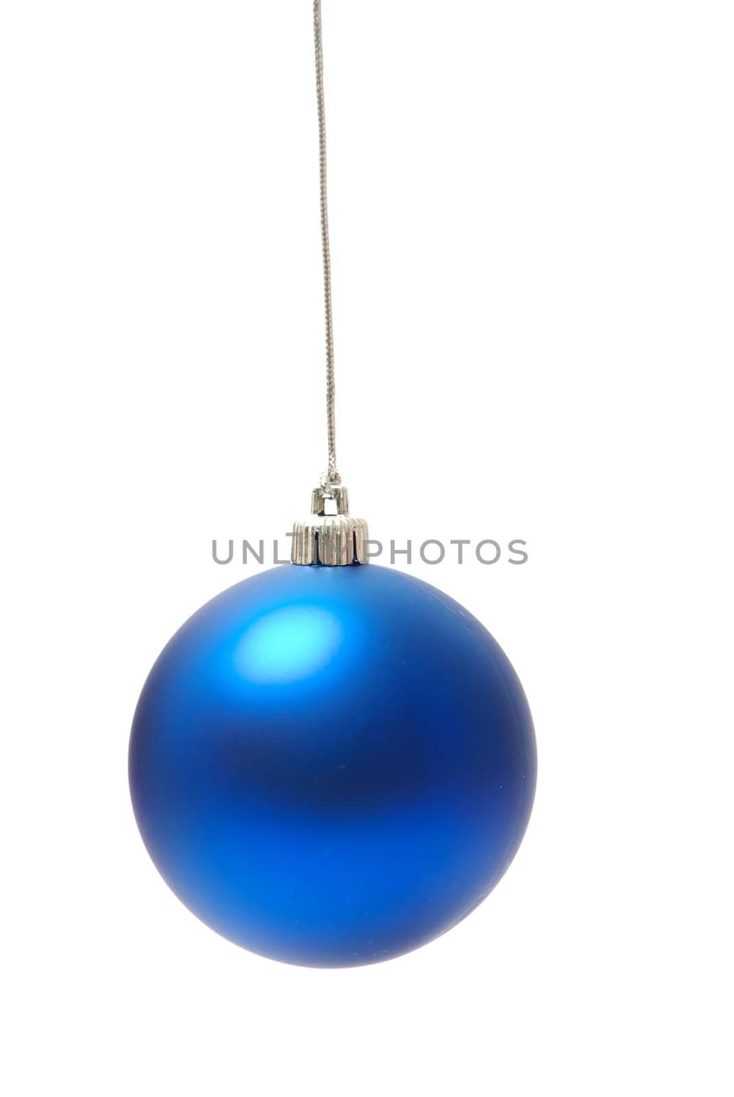 Christmas ball hanging with ribbons on white background