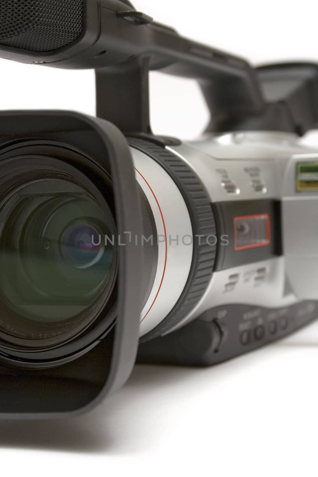 Professional camcorder close-up isolated on a white background.