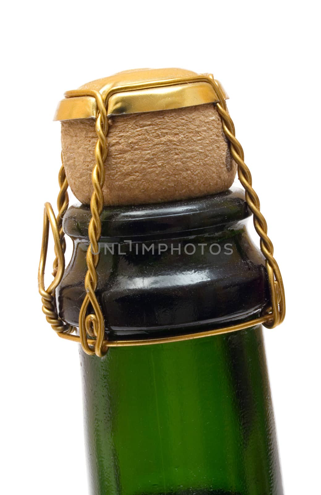 Close-up of a champagne bottle isolated on a white background.