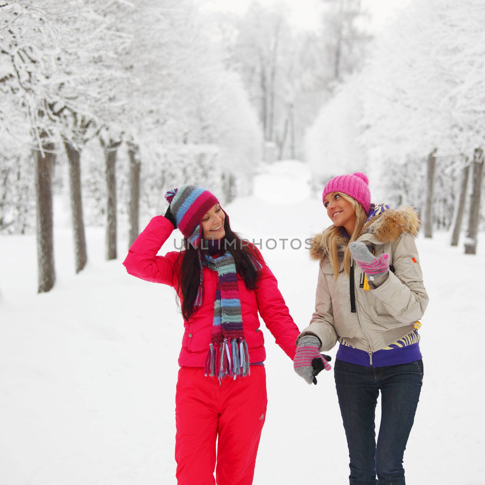 two women walk by winter alley snow trees on background