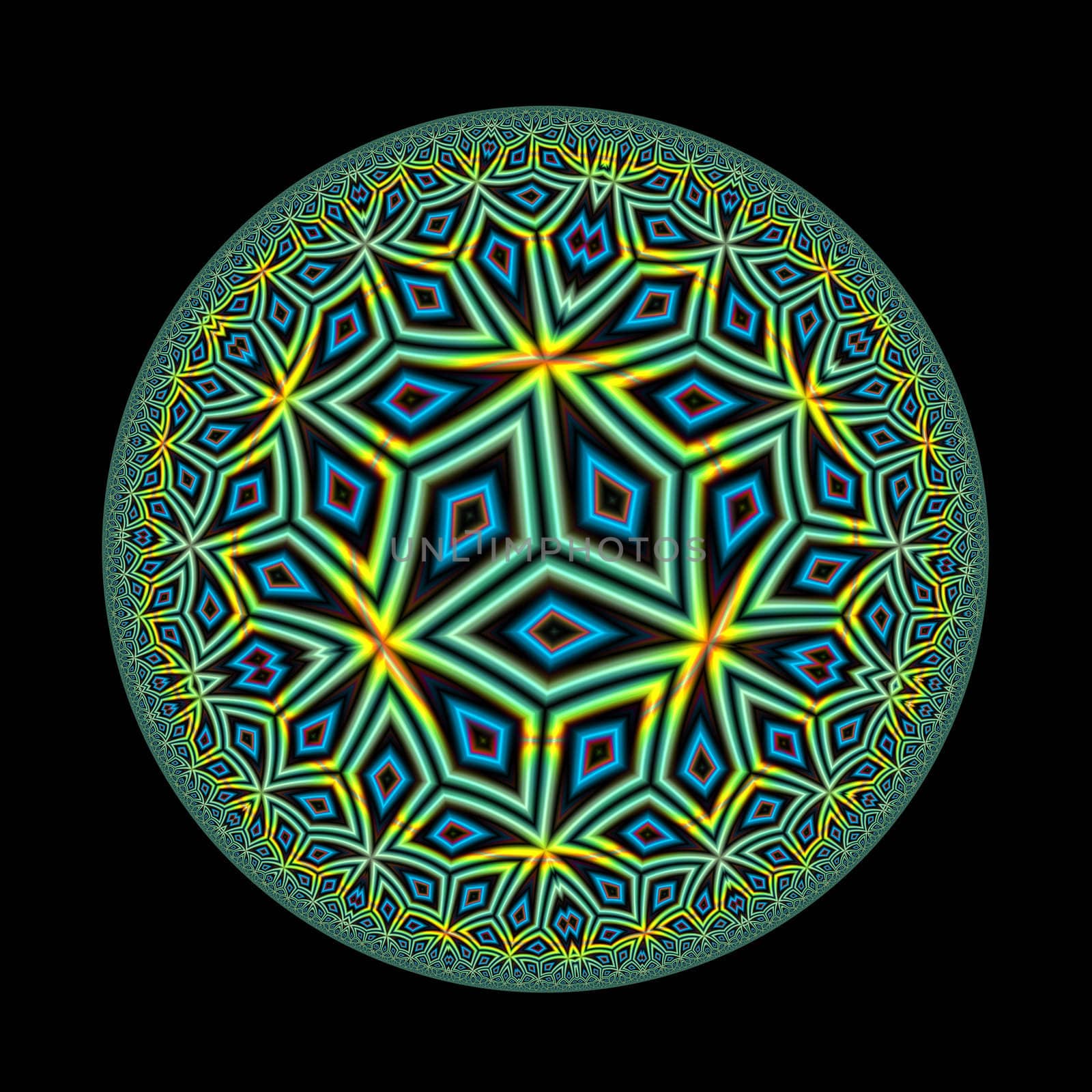 An abstract circular illustration with an abstract pattern done in shades of green orange, blue, and black.