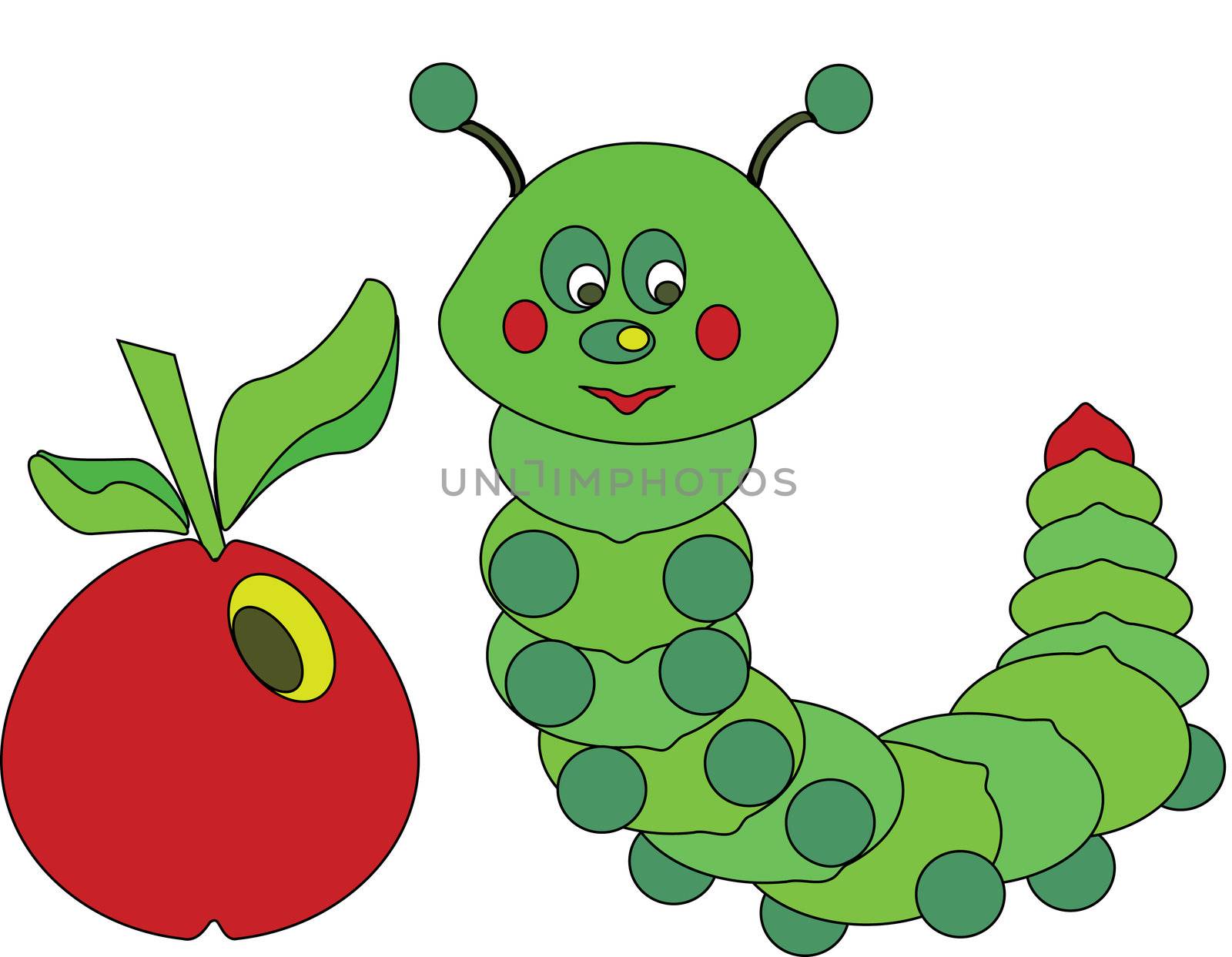 green caterpillar with red apple
