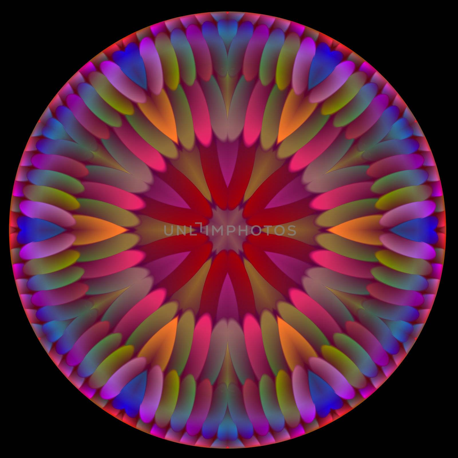 A circular abstract illustration with a glowing central motif. It is done in shades of orange, blue, and green on a black background.