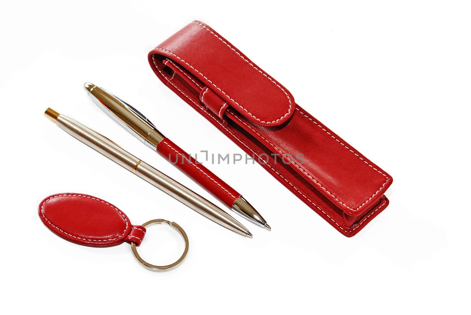 trade advertising, pen, case and trinket isolated over white