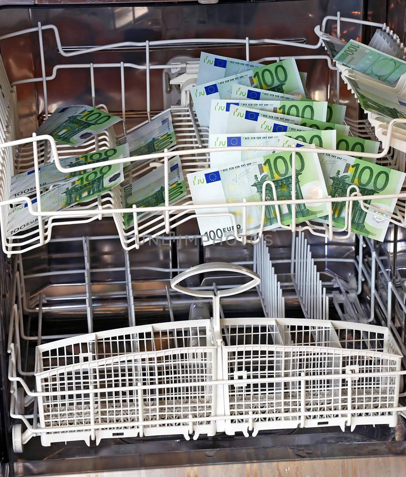 clean new hundred euro banknotes in dishwasher