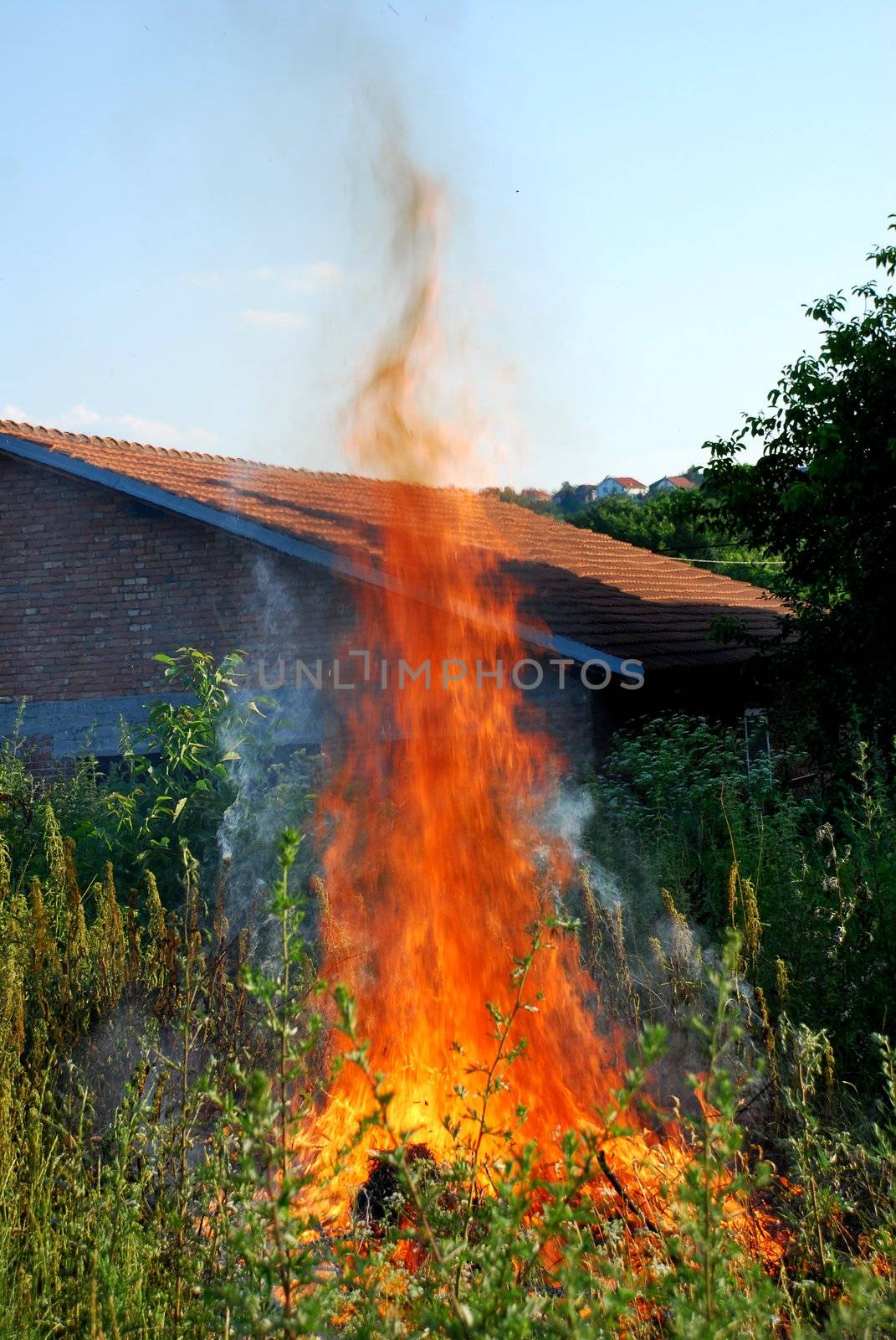 orange flame in green grass by brick house with tiled roof