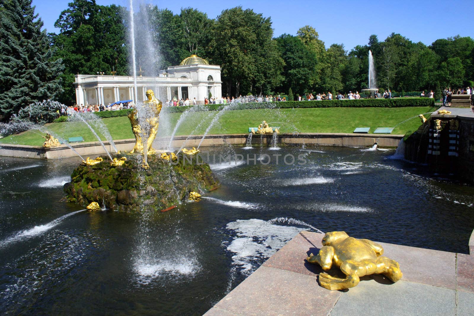 Hundreds of fountains and golden statues surround Peter's Palace- Rusias answer to Versailles.
Built between 1709 and 1724 by over 5000 soldiers and slaves was distreyed in WW11 and in the 50's 
rebuilt from photographs and maps 
My other pictures of Saint Petersburg.