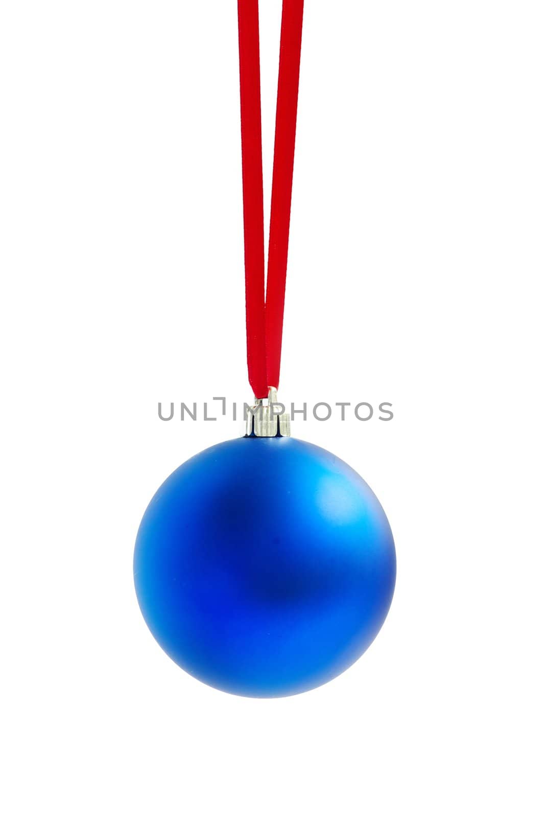 Christmas ball hanging with ribbons on white background
