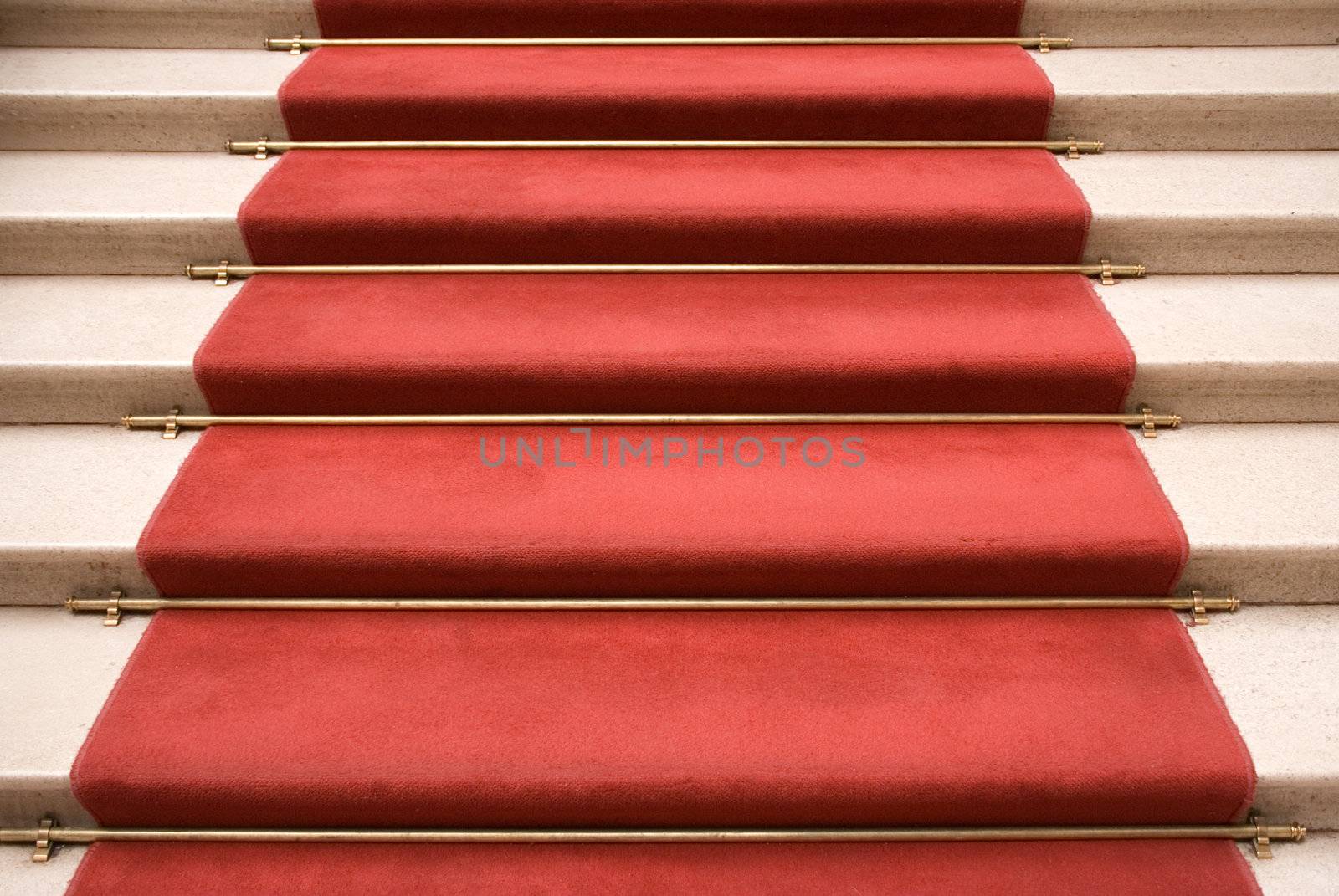 Red carpet on marble stairway welcoming VIPs.