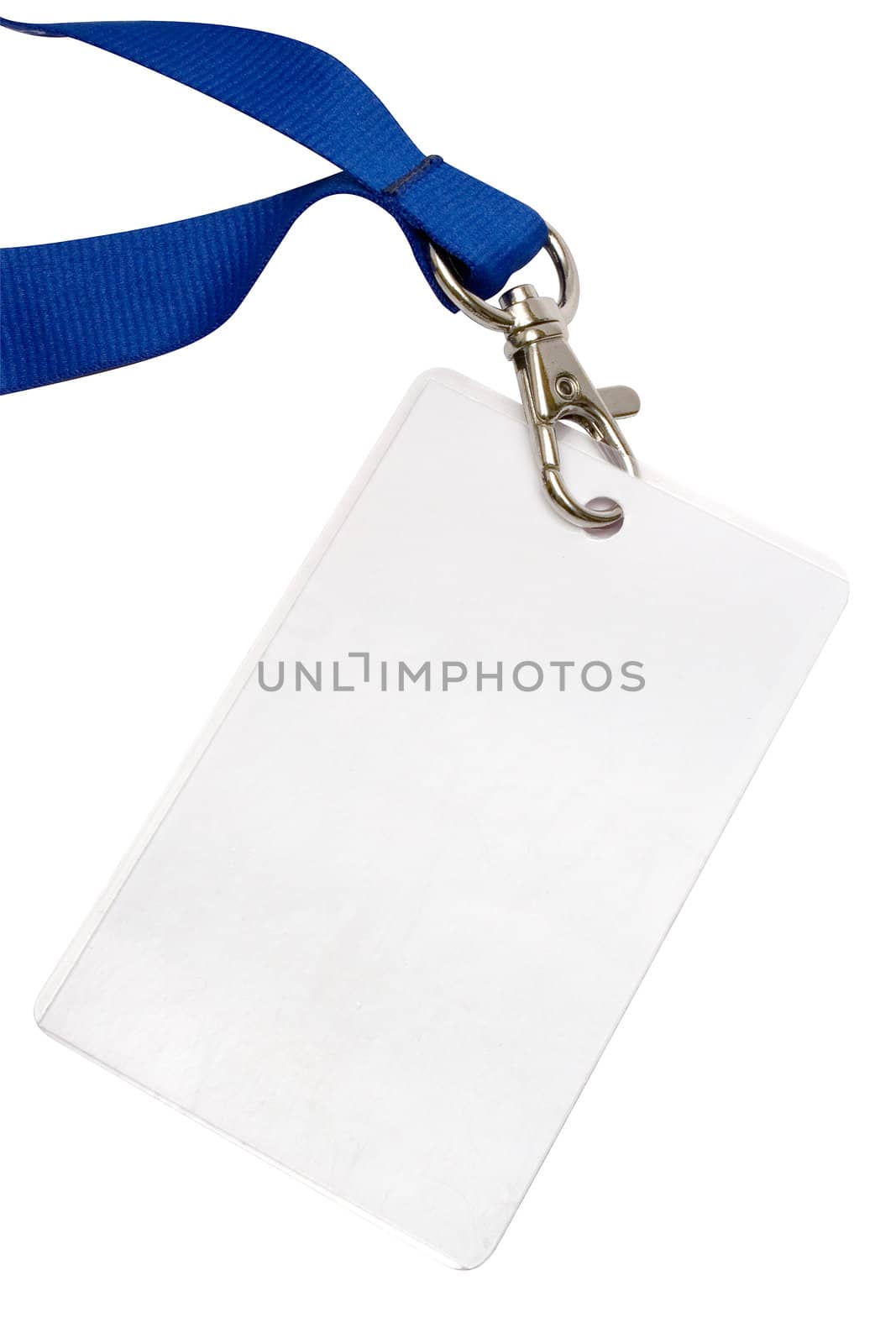 Blank card attached to a blue strap. Isolated on a white background. File contains clipping path.