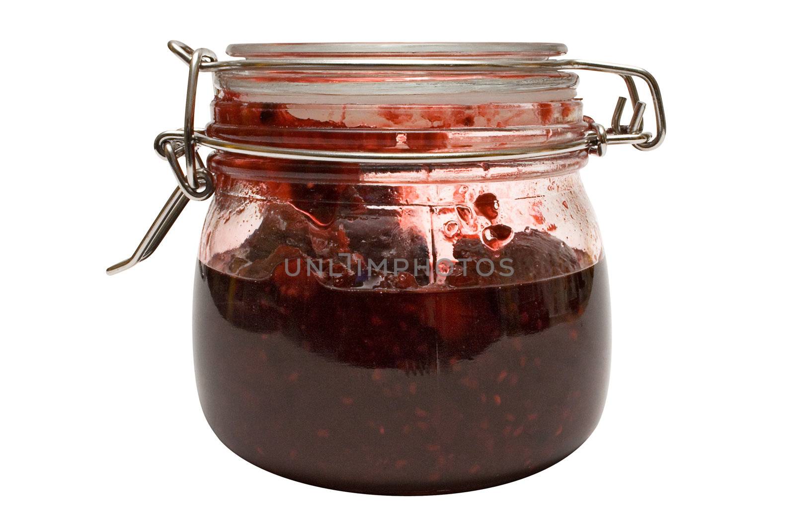 Jar of fruit jam isolated on a white background. File contains clipping path.