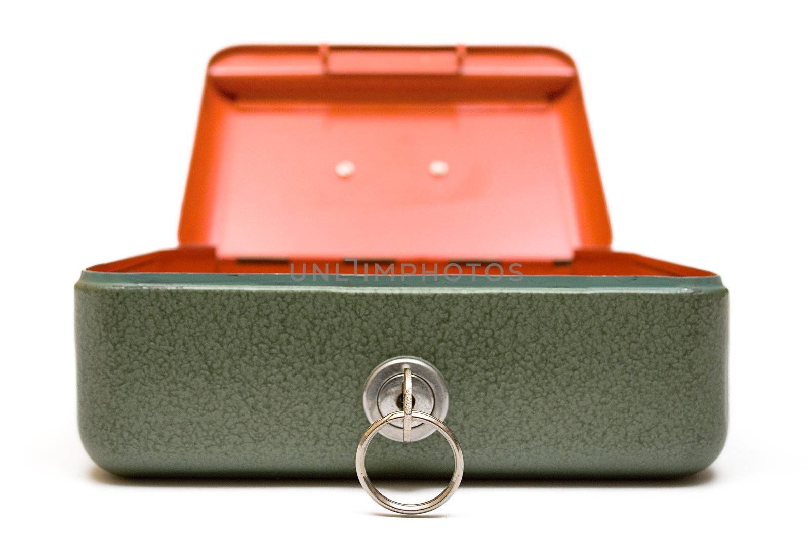 Open green cash box isolated on a white background.