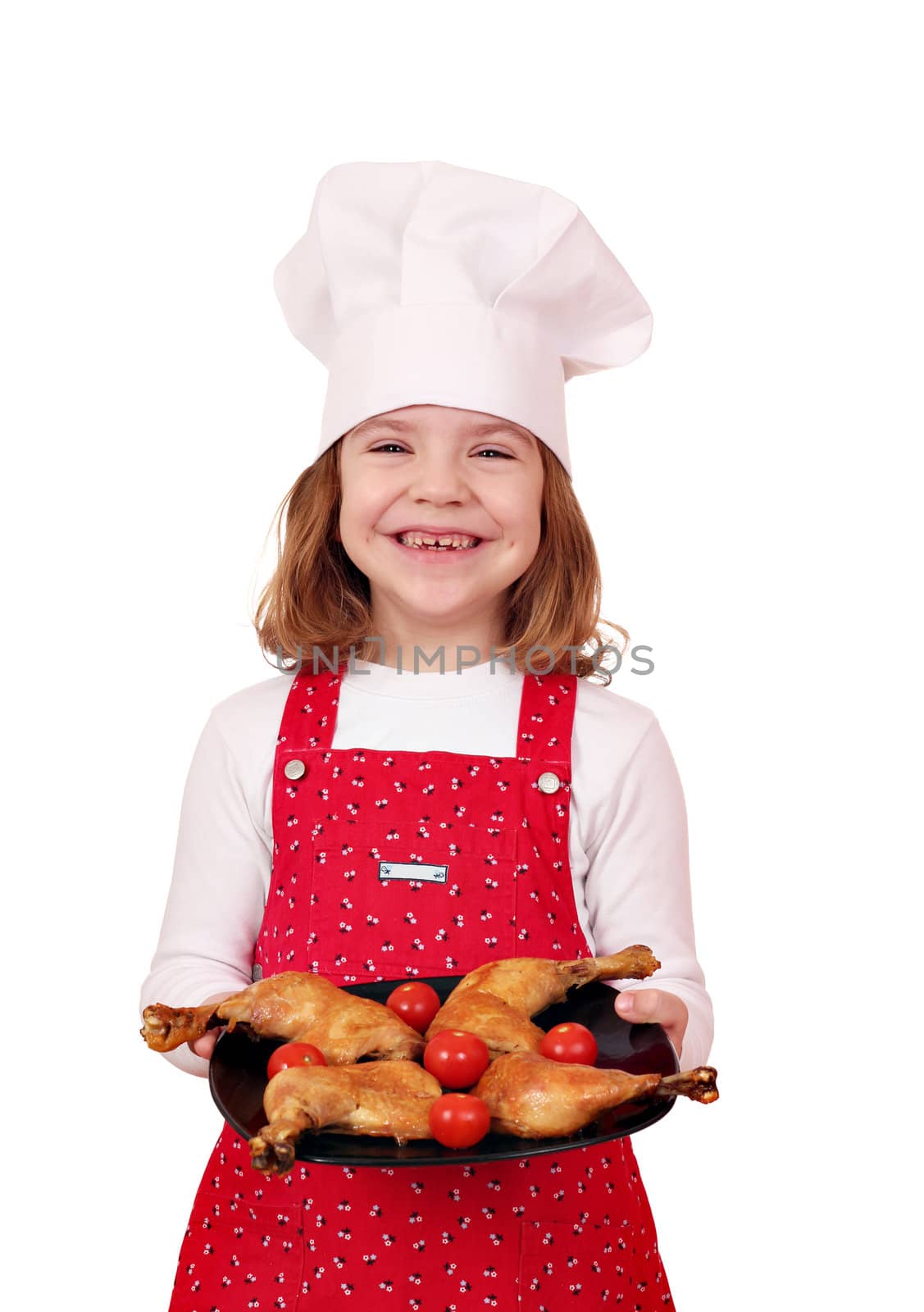 happy little girl cook with chicken drumstick