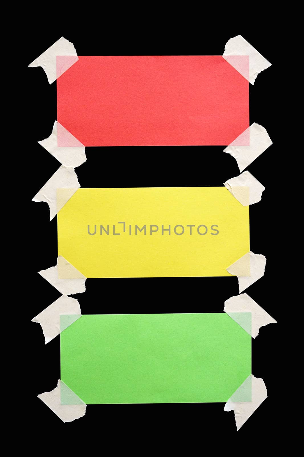 Red, green and yellow notes attached to a black background. File contains clipping path.