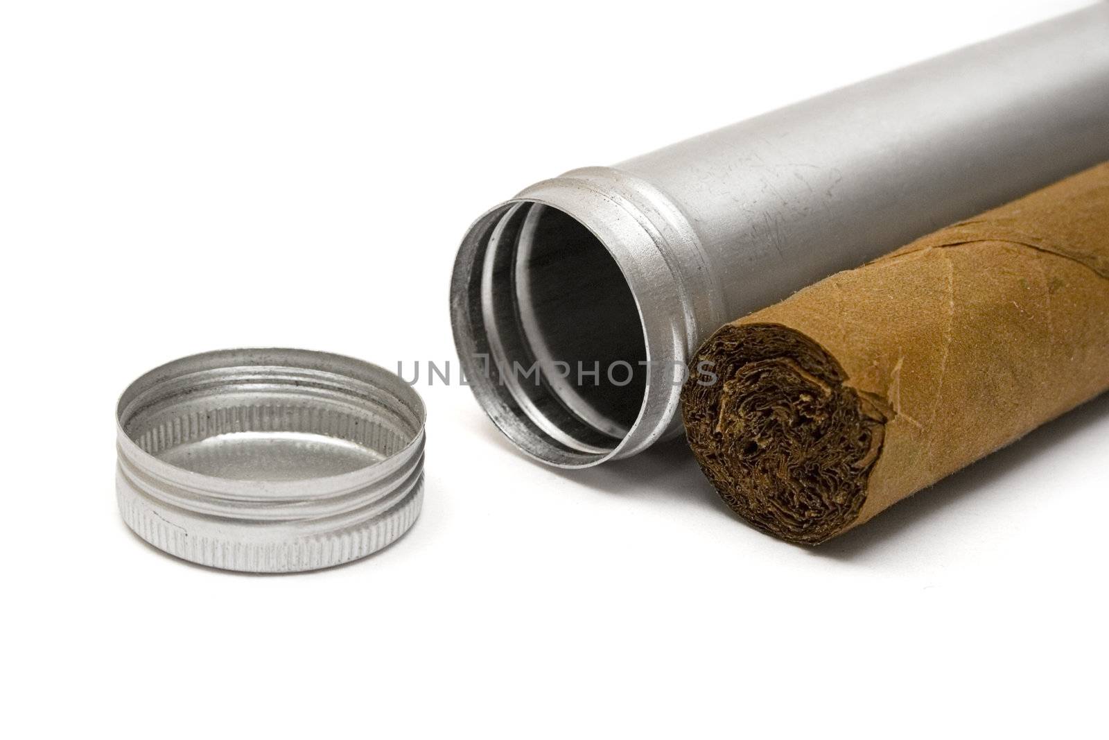 Unwrapped cigar isolated on a white background.