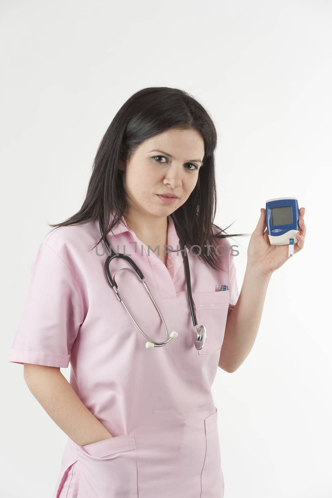 Nurse ready with stethoscope and glucometer