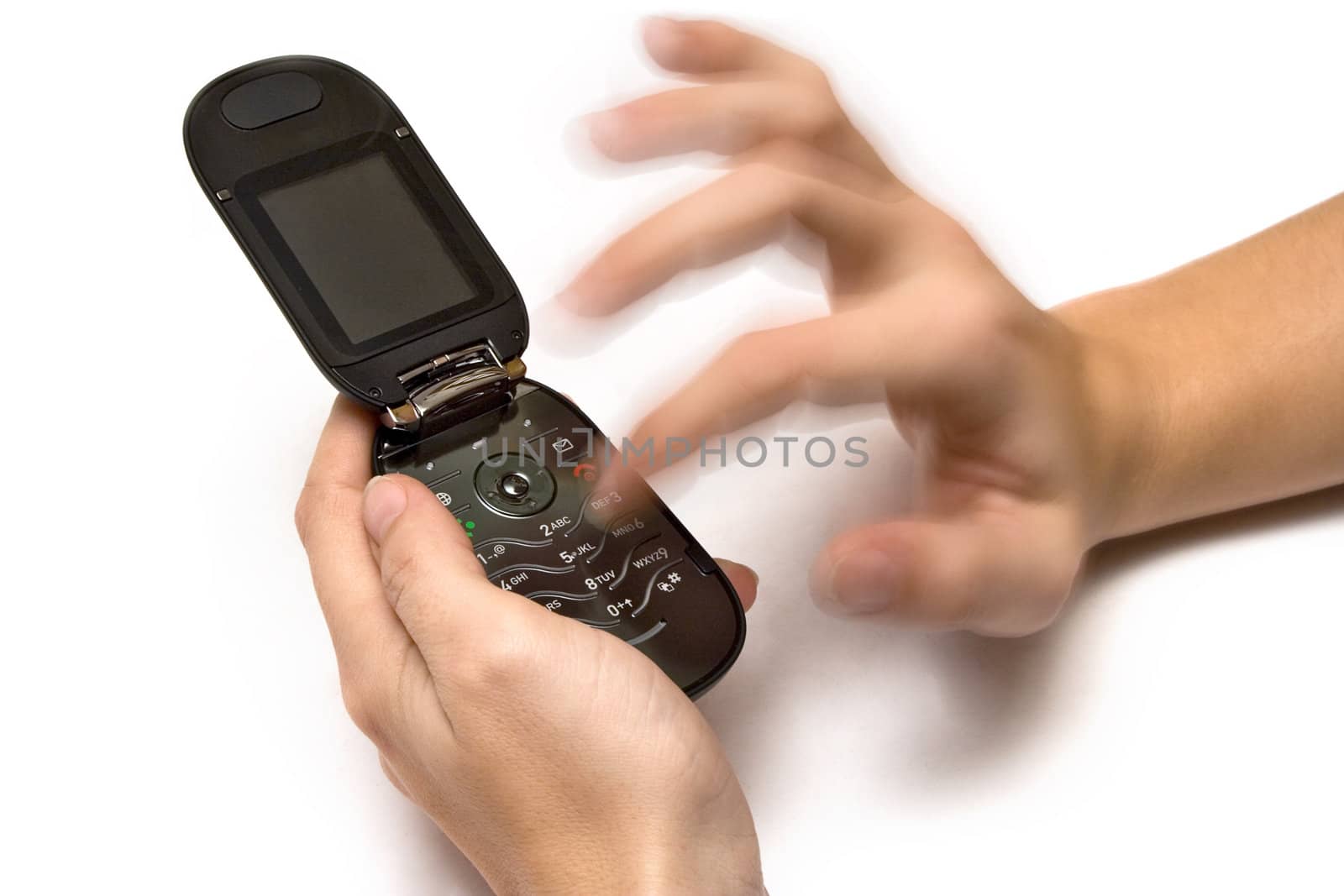 Person writing on a cell phone. Isolated on a white background.