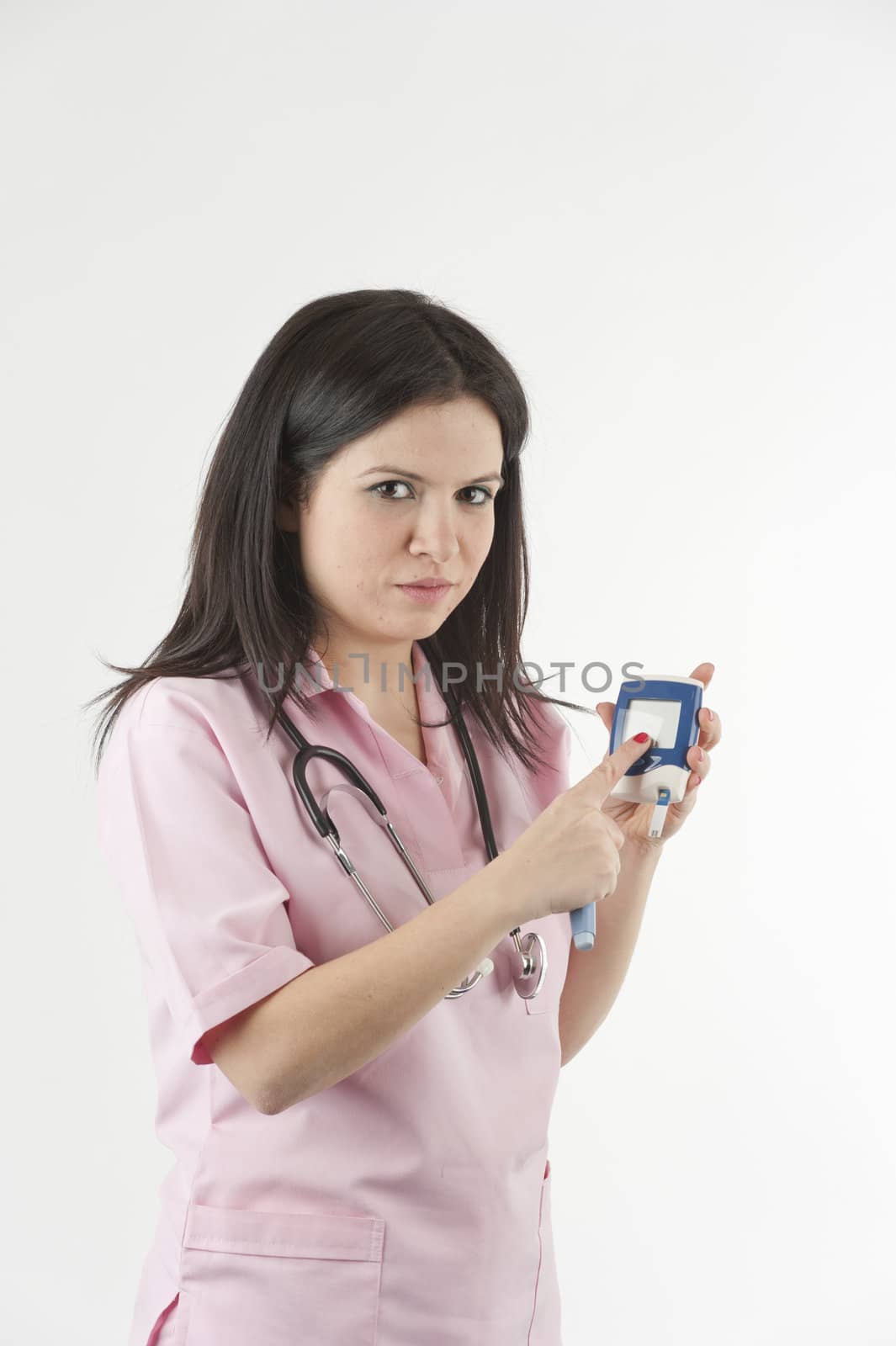 Nurse ready with stethoscope and glucometer