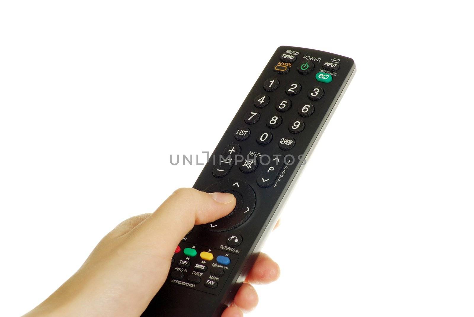 remote control in hand isolated on white background