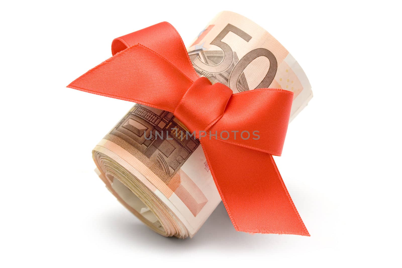 Fifty Euro banknotes with a red ribbon isolated on a white background.