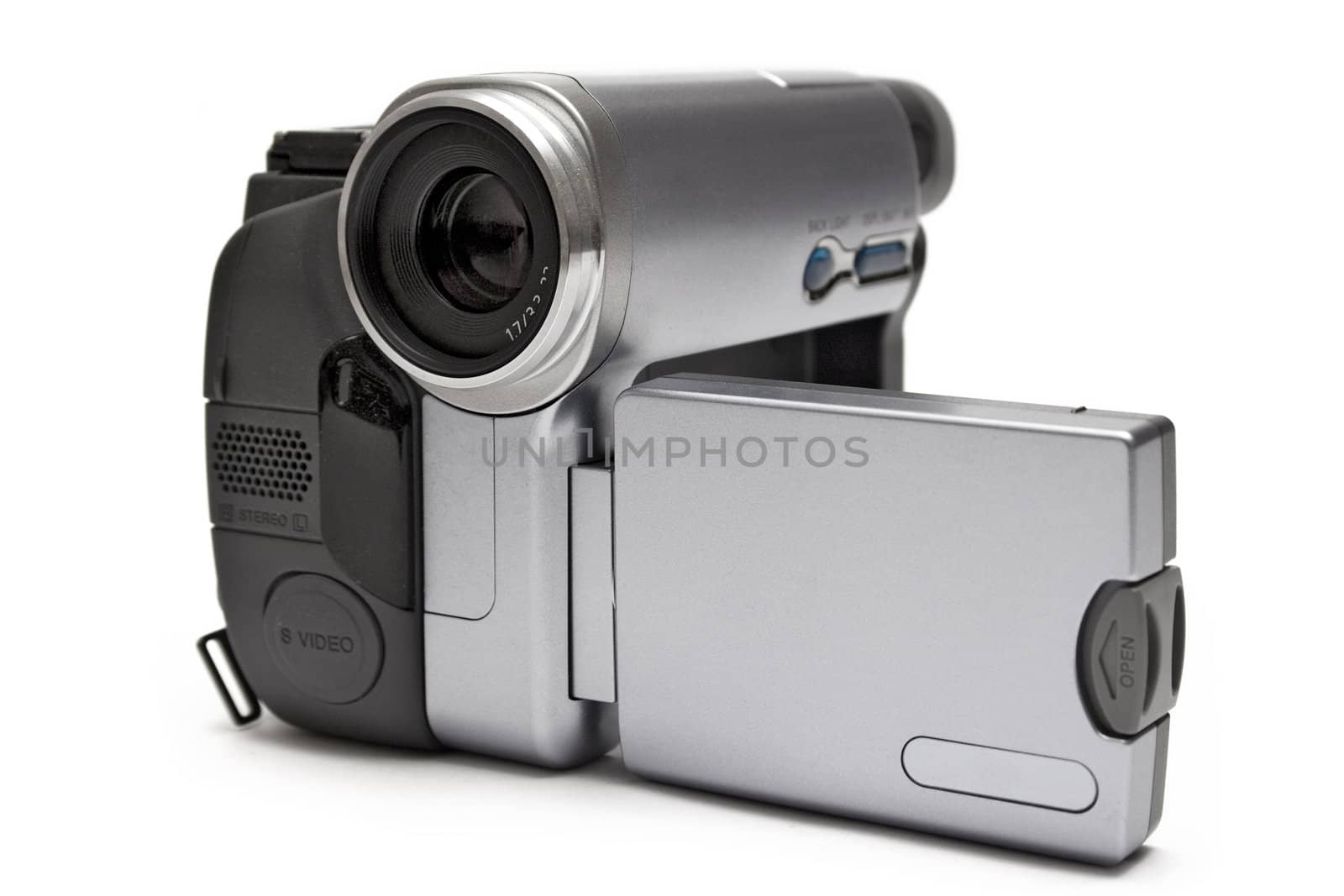Small consumer camcorder isolated on a white background.