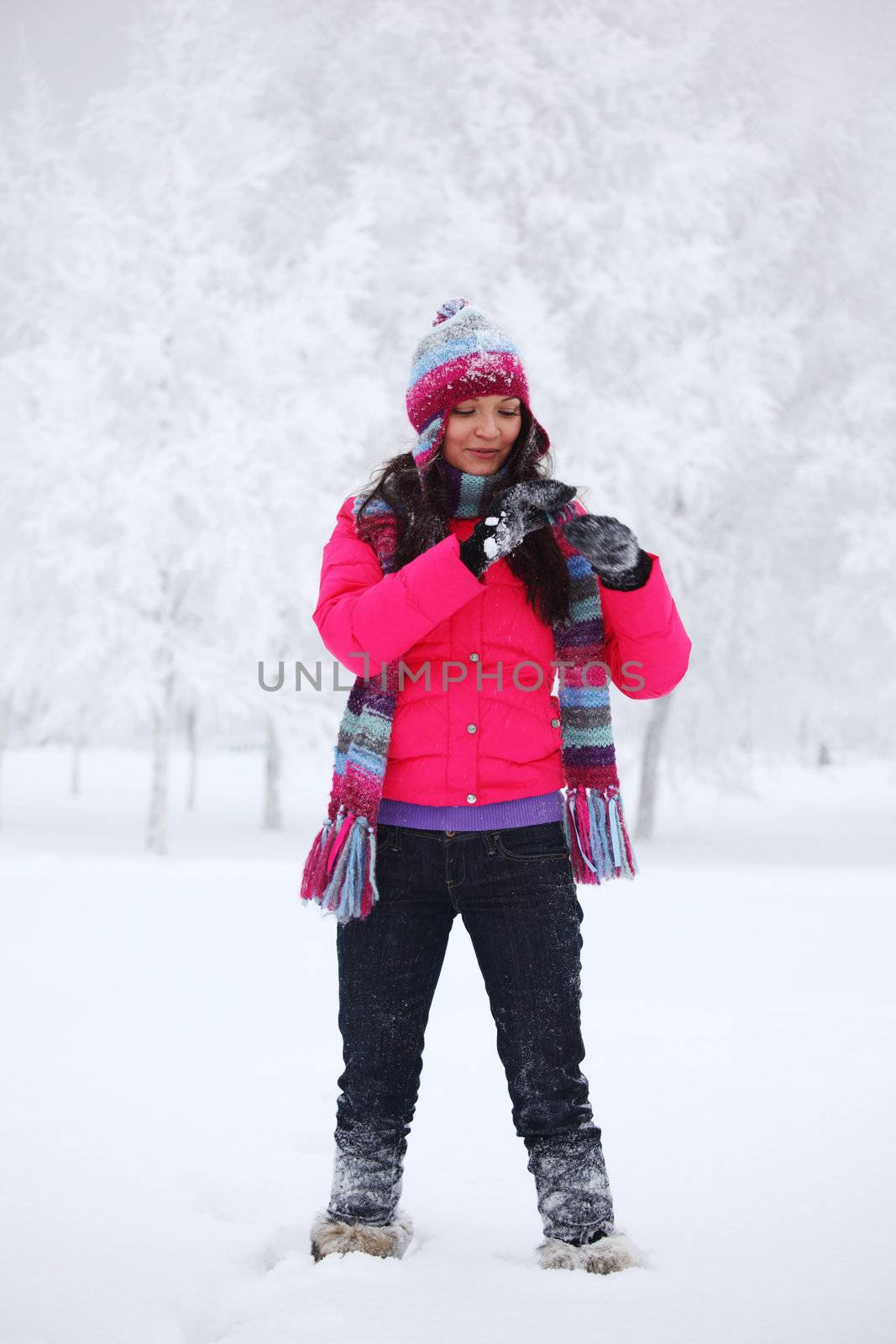 winter women close up portrait in frost forest