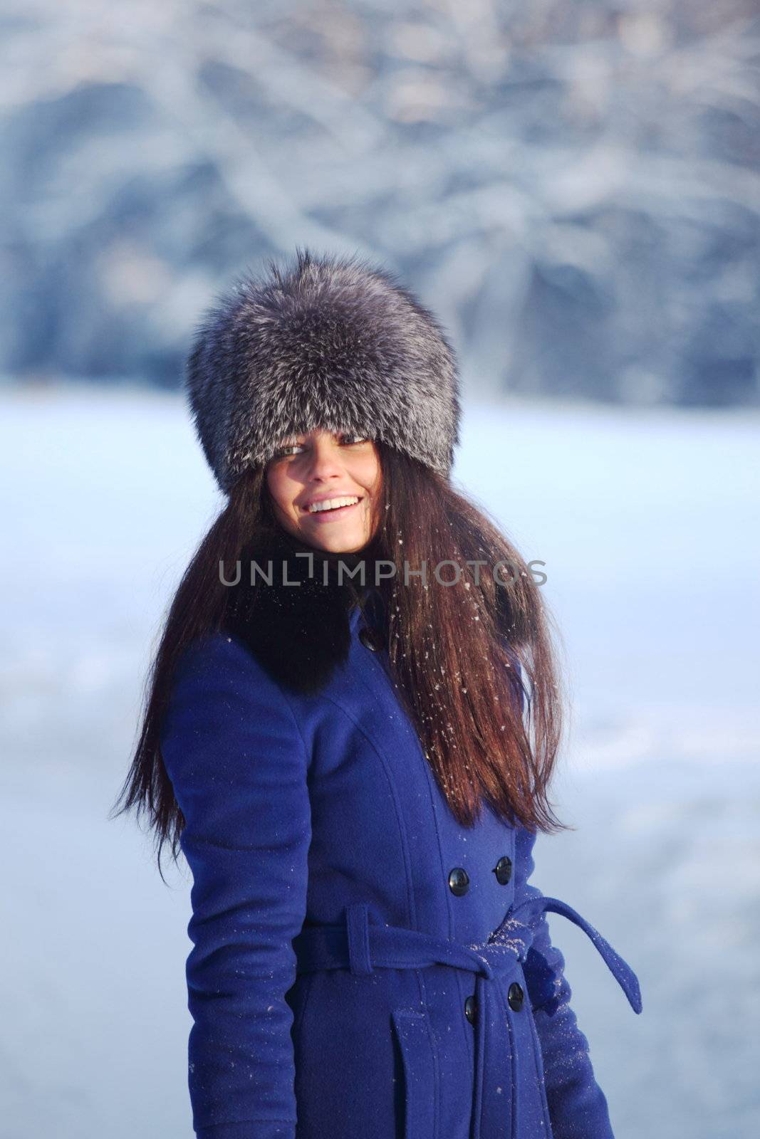 winter women close up portrait in frost forest