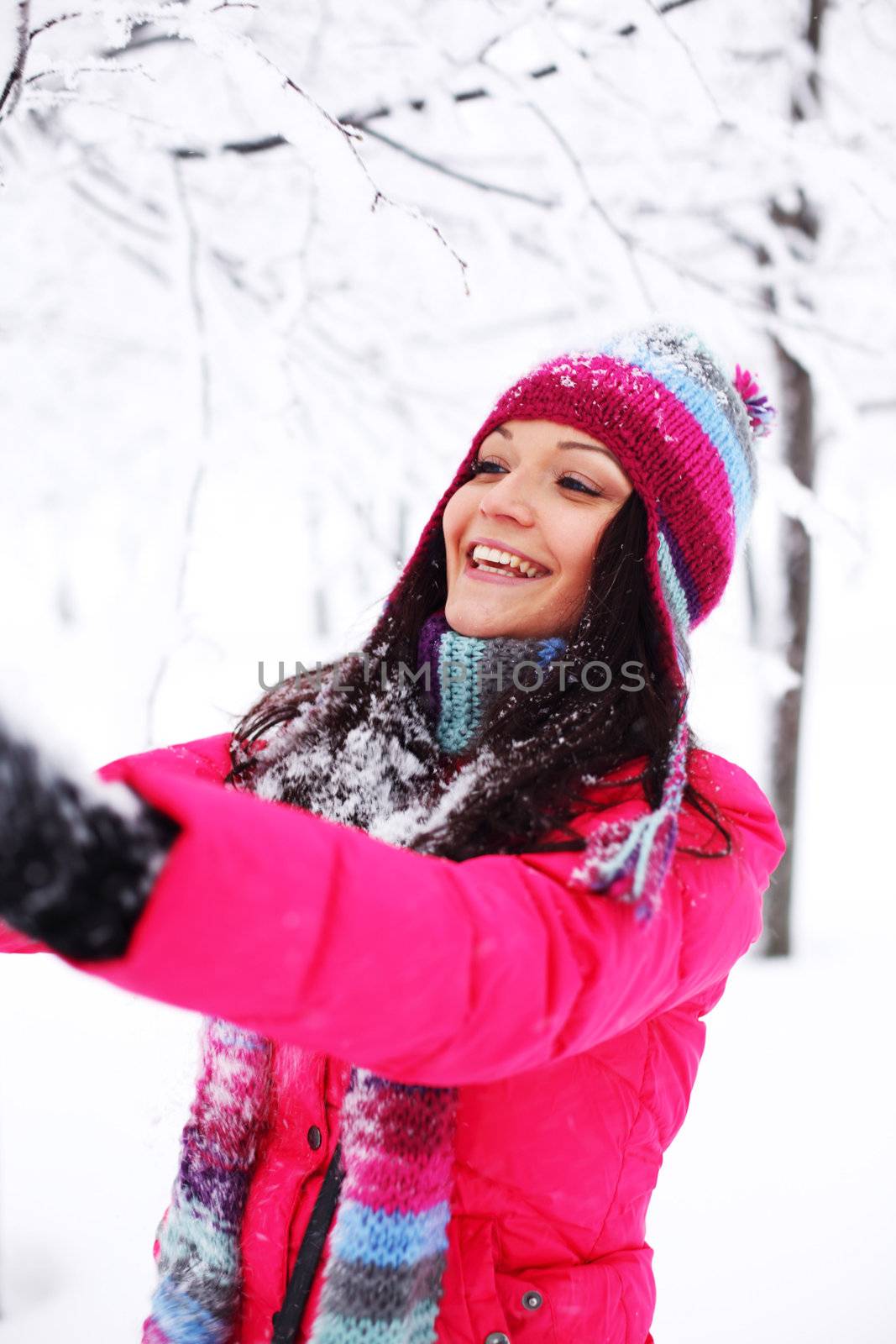 winter women close up portrait in frost forest