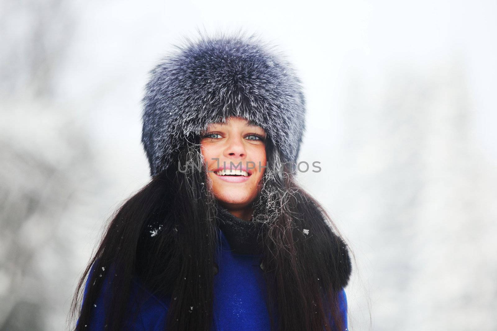 winter women close up portrait in frost forest