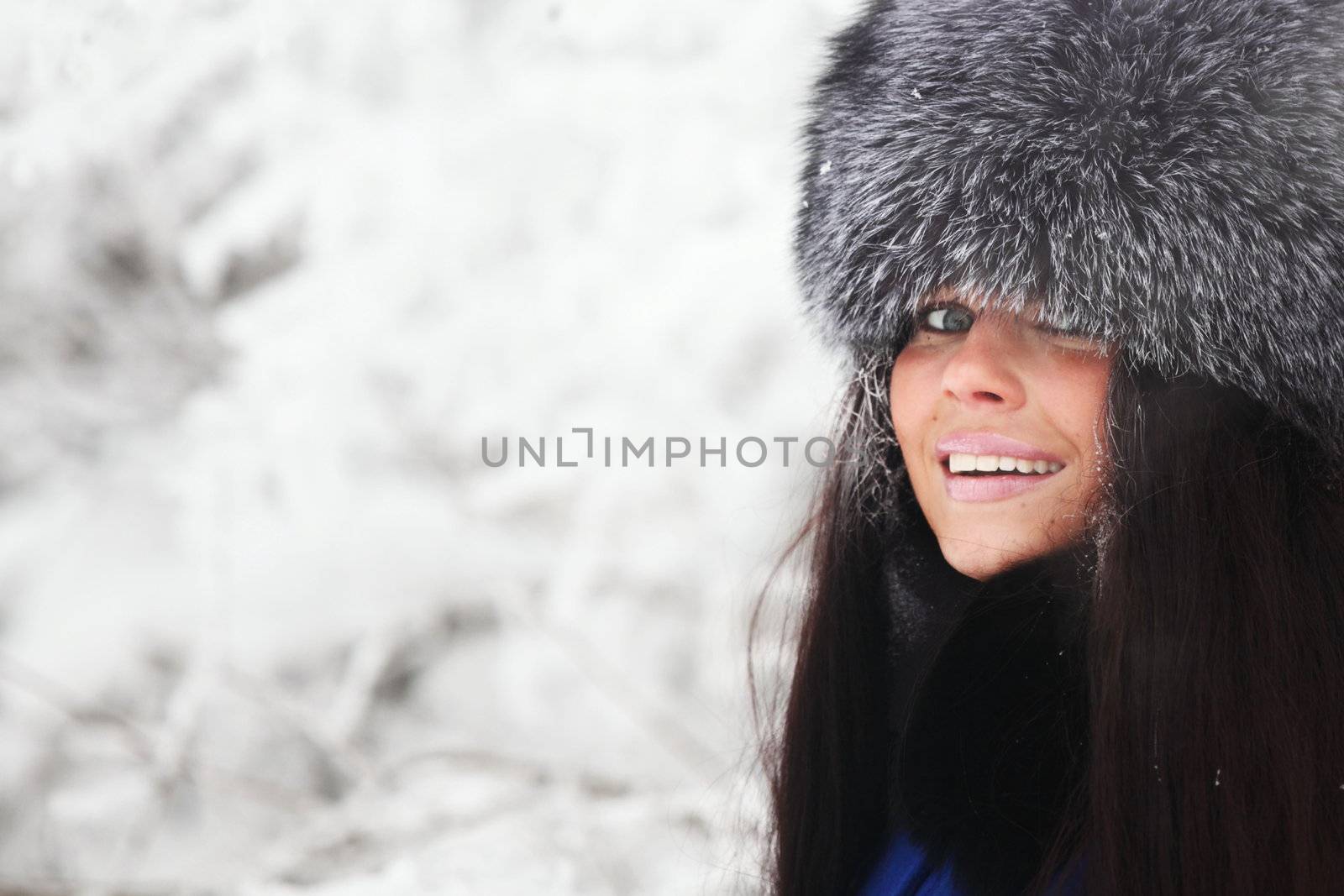 winter women close up portrait in frost forest