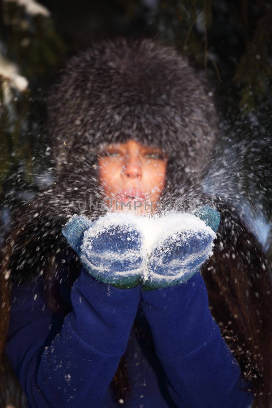 winter women close up portrait in frost forest