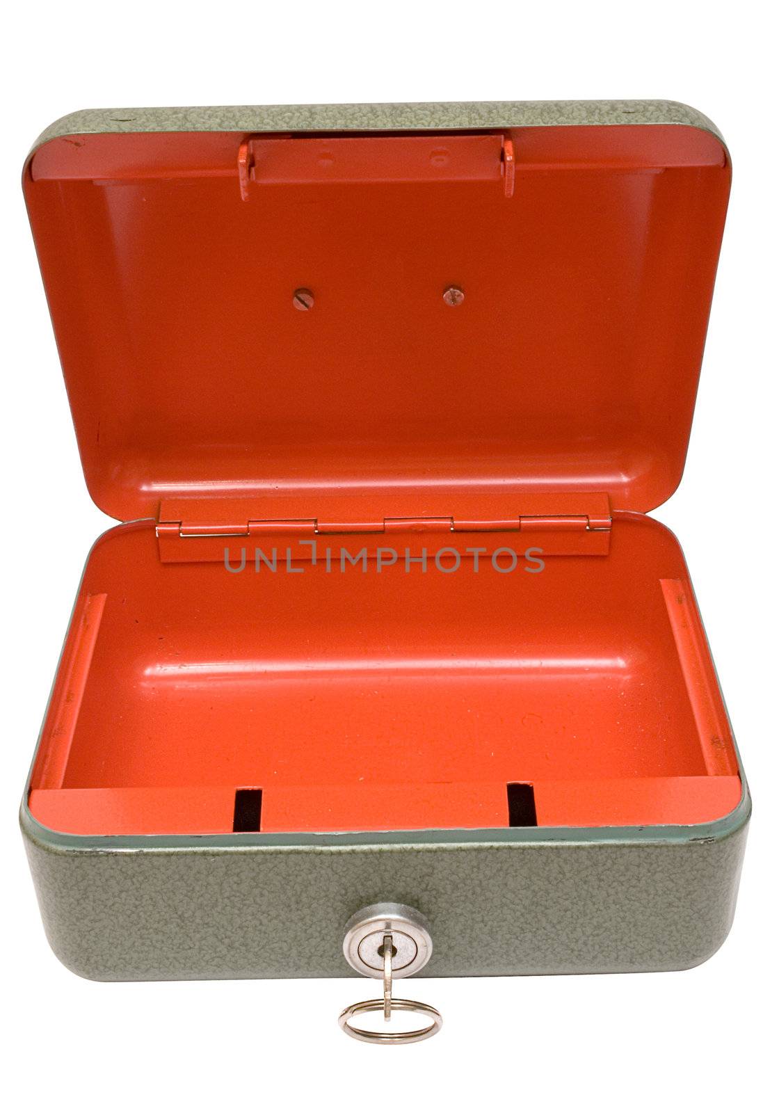 Empty metal cash box isolated on a white background. File contains clipping path.