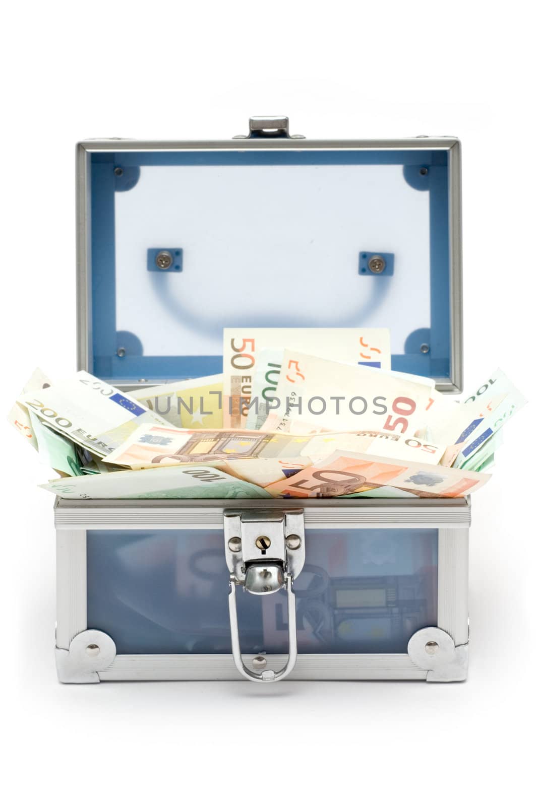 Blue money case filled with various Euro bills. Isolated on a white background.
