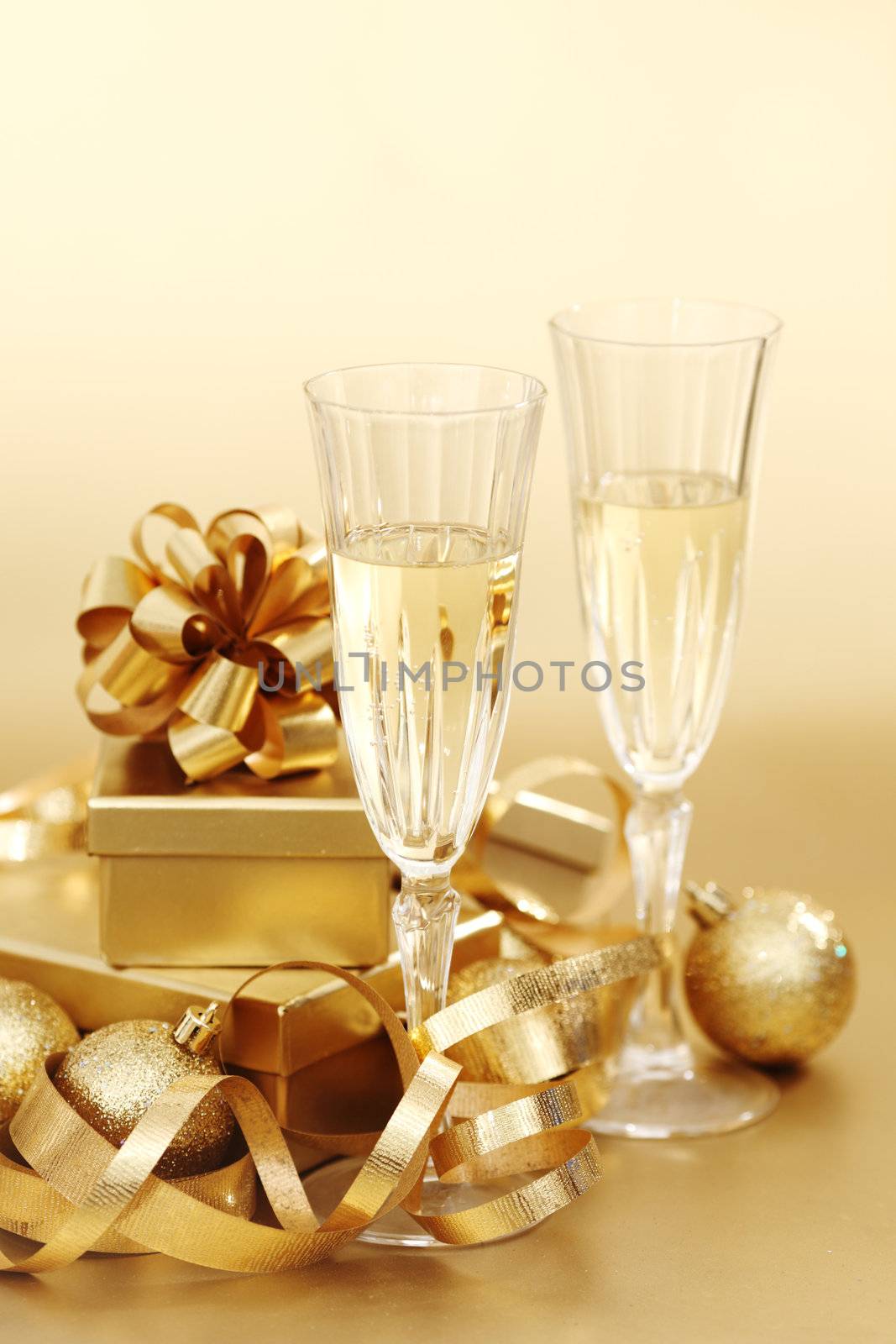 golden christmas background champagne gifts ball