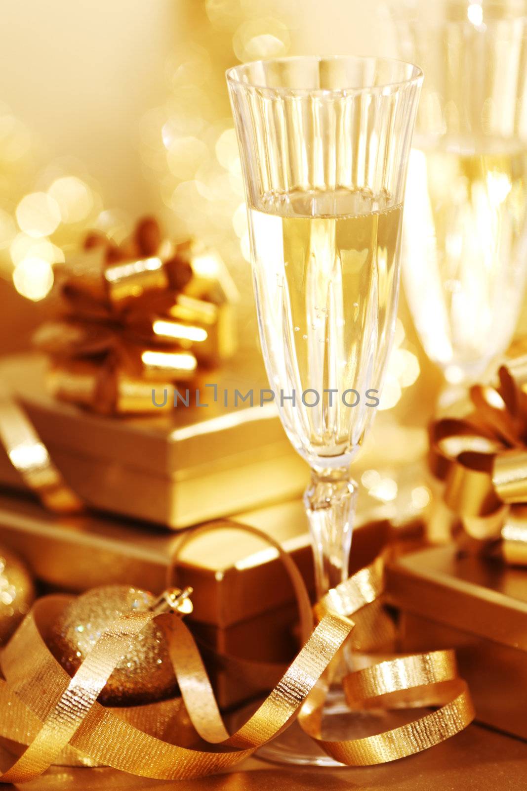 golden christmas background champagne gifts ball