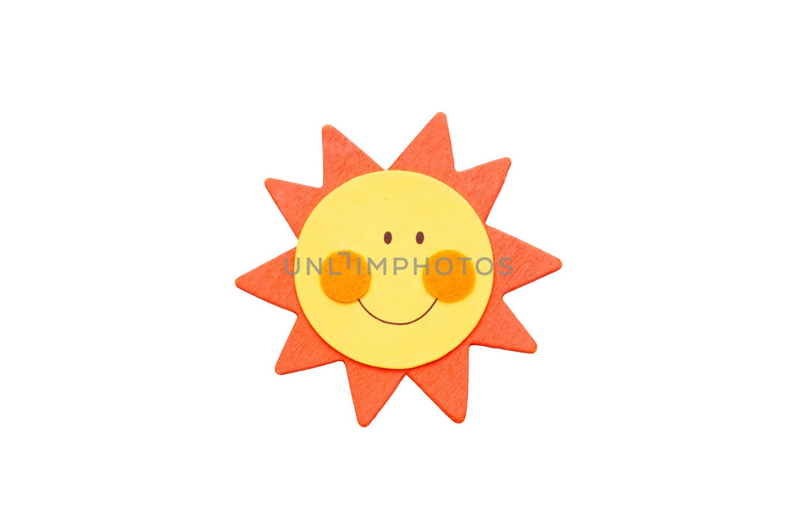 Orange and yellow smiling sun isolated on white.