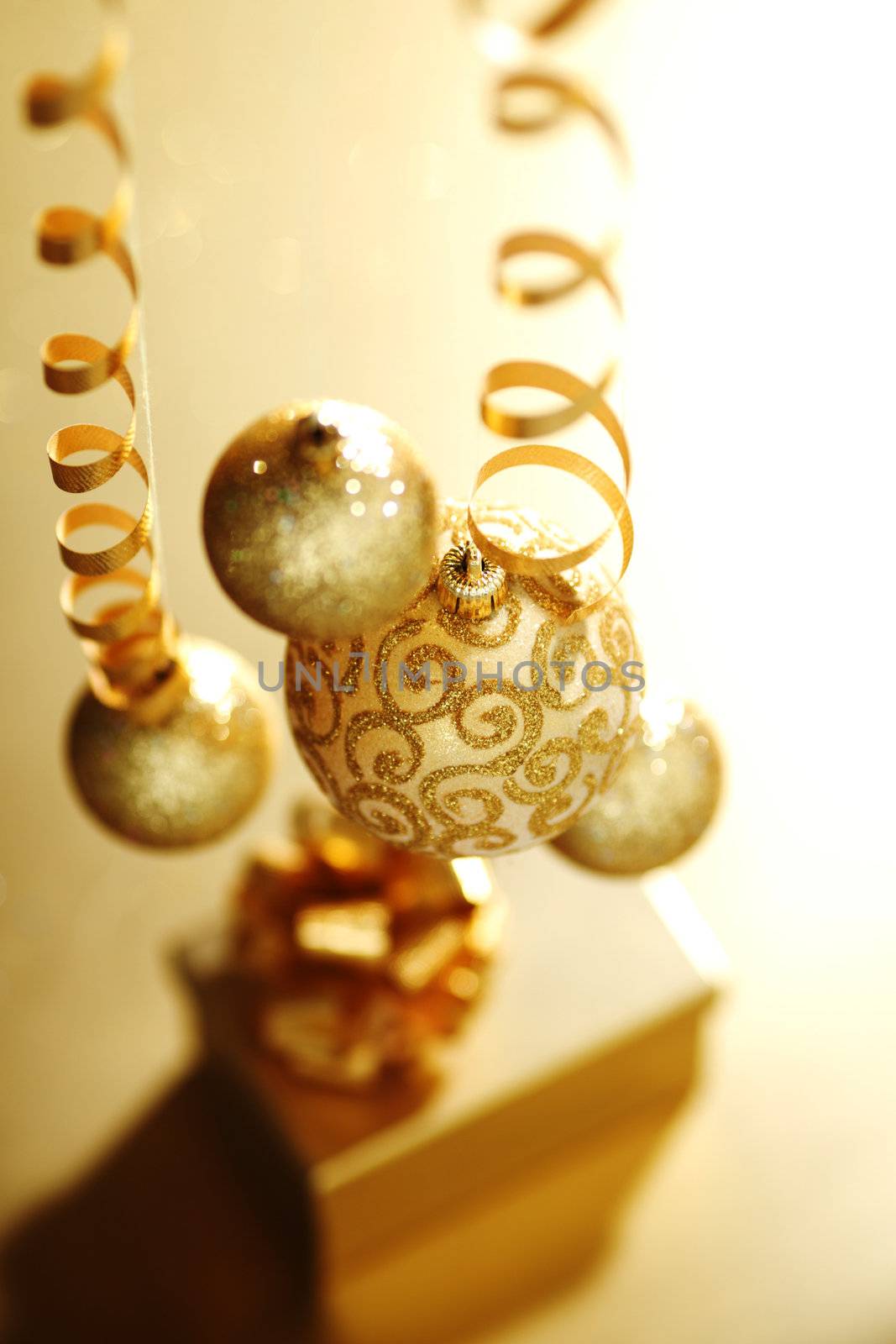 golden christmas balls on bokeh background