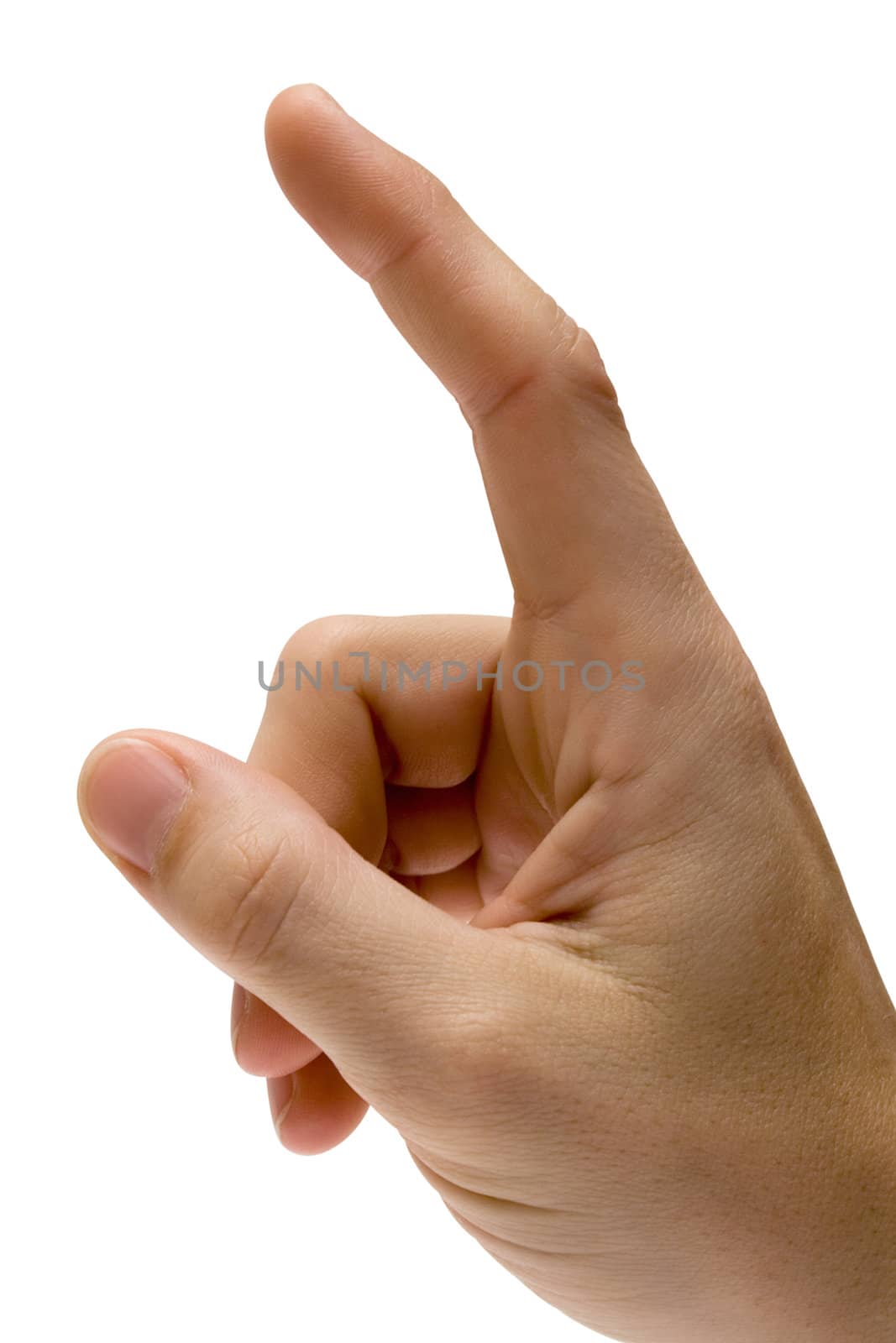 Female hand pointing upwards. Isolated on a white background. File contains clipping path.