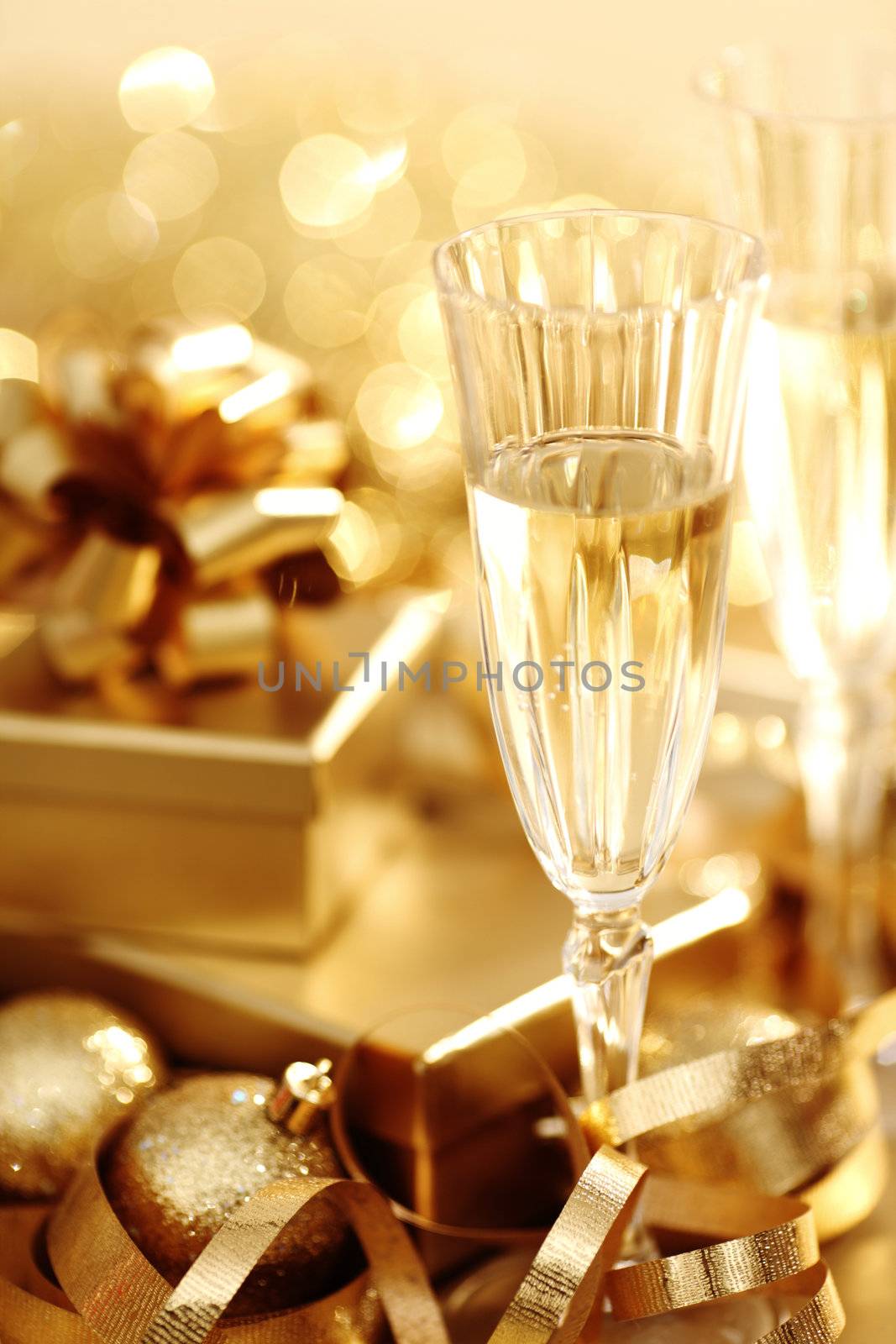 golden christmas background champagne gifts ball