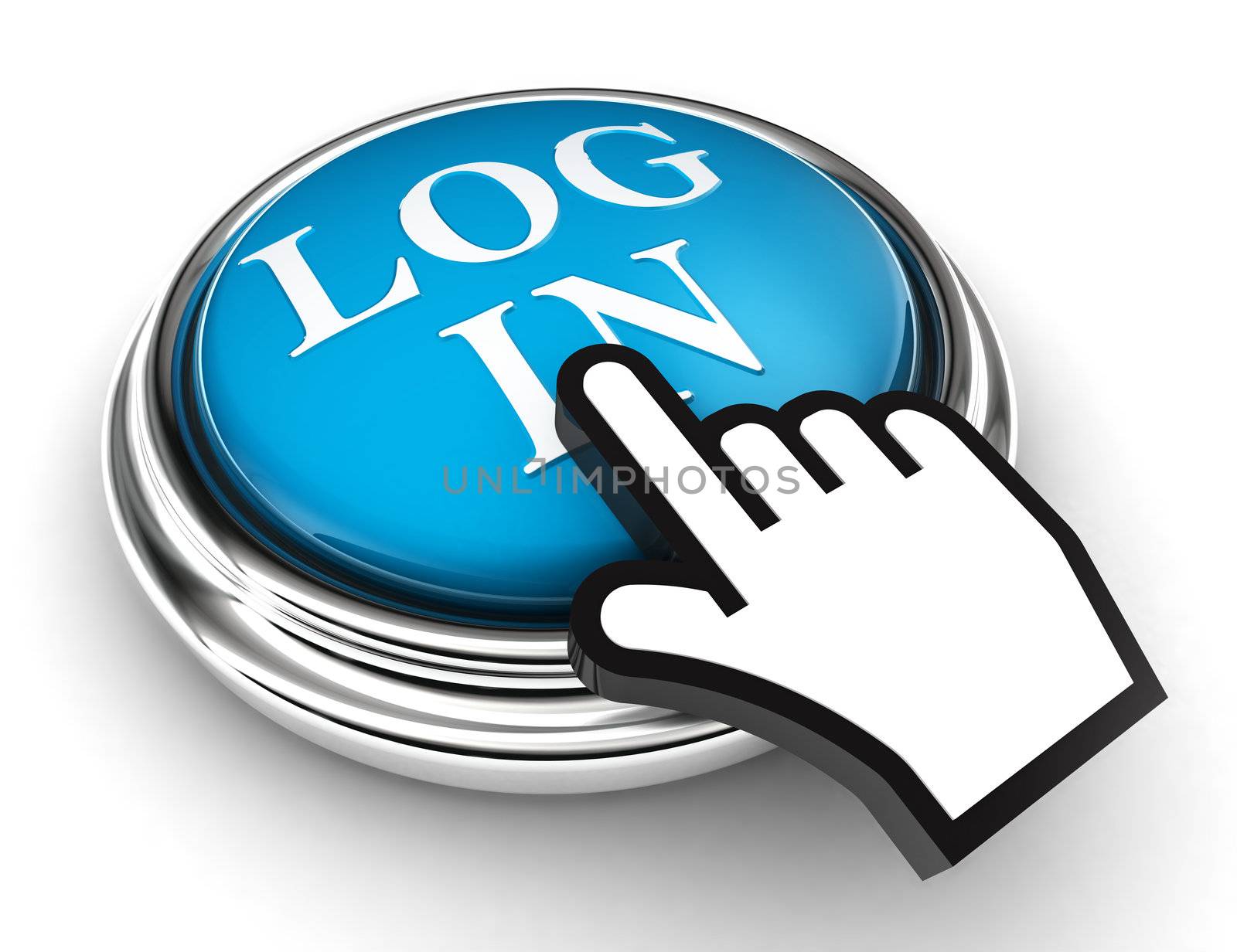 log in blue button and cursor hand on white background. clipping paths included