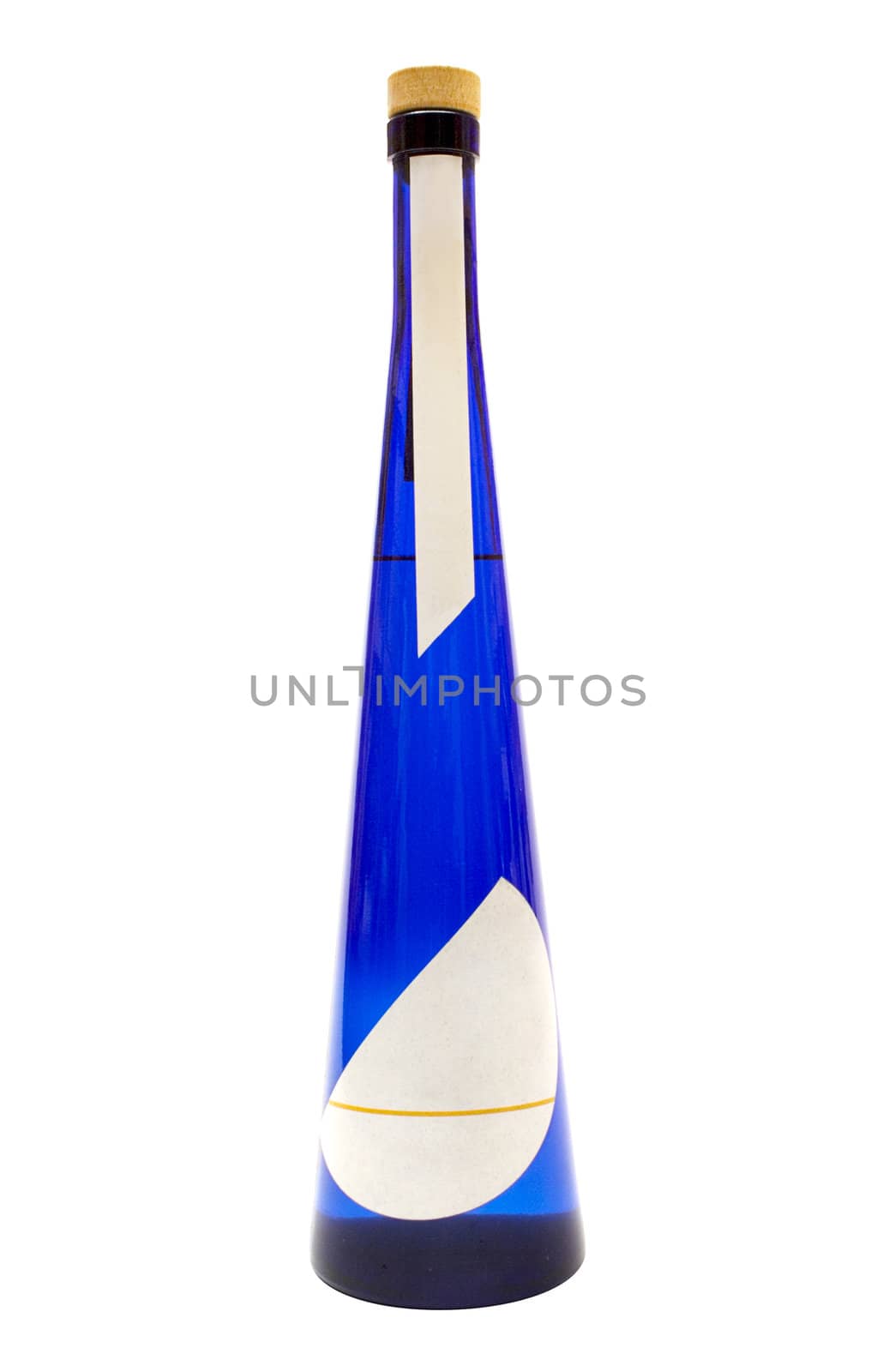 Blue bottle of booze with blank label isolated on a white background. File contains clipping path.